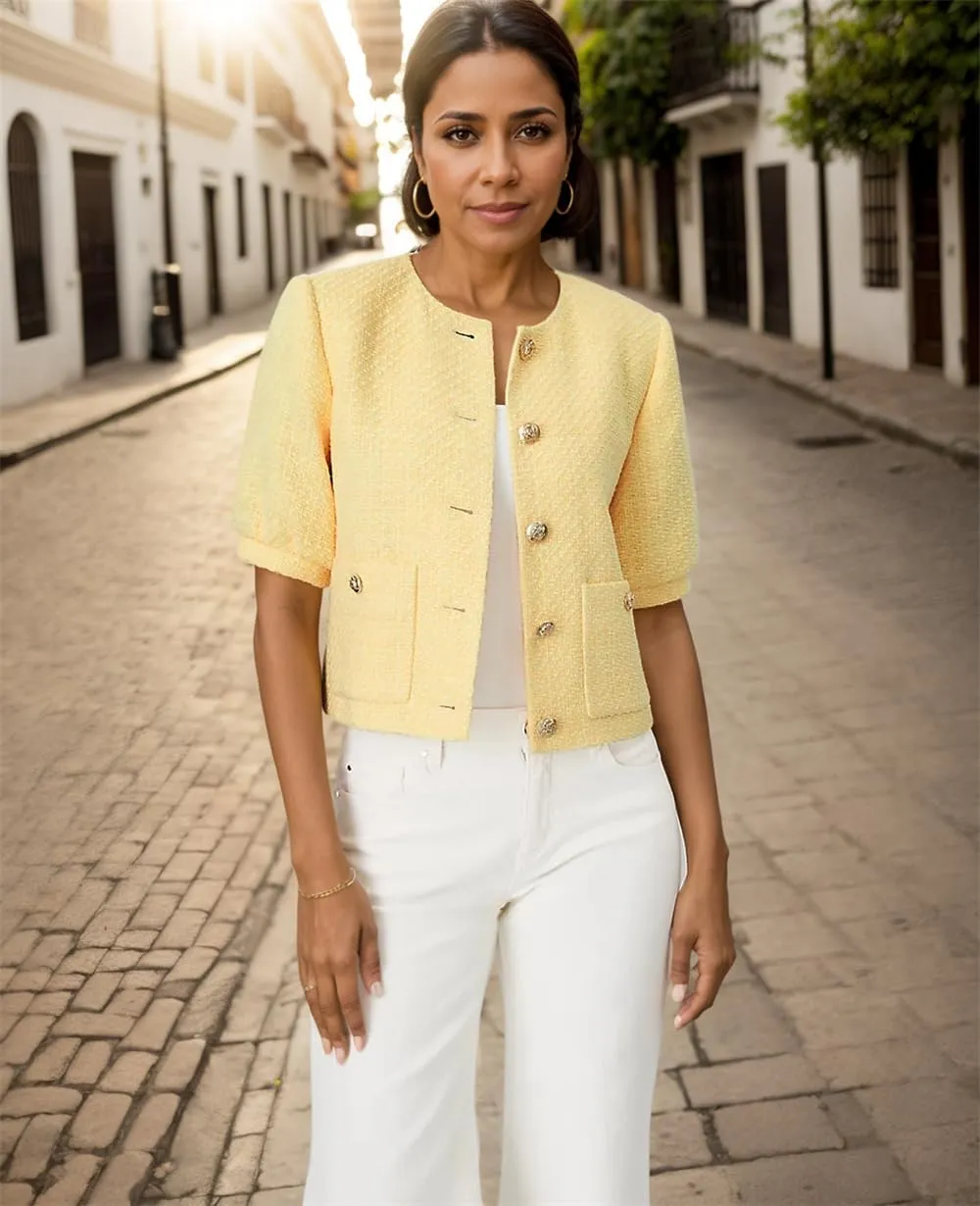 LifeShe Puff Short Sleeve Tweed Jacket Women Cropped Jackets Summer Open Front Office Work Blazer Coat