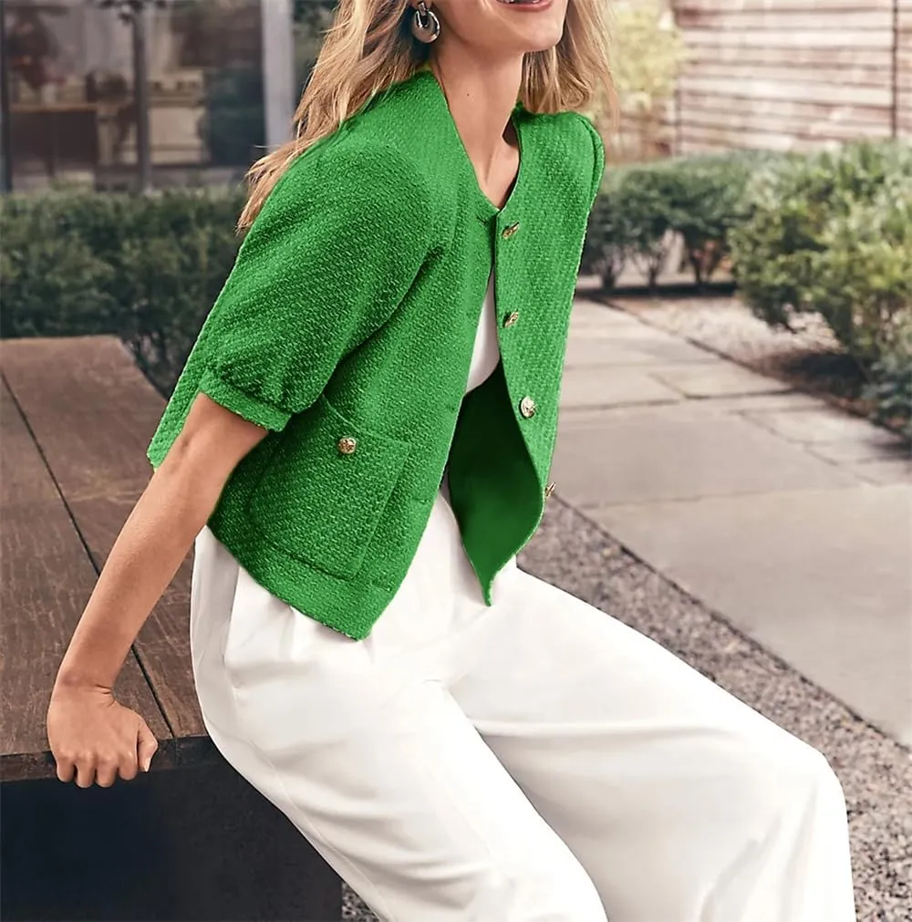 LifeShe Puff Short Sleeve Tweed Jacket Women Cropped Jackets Summer Open Front Office Work Blazer Coat