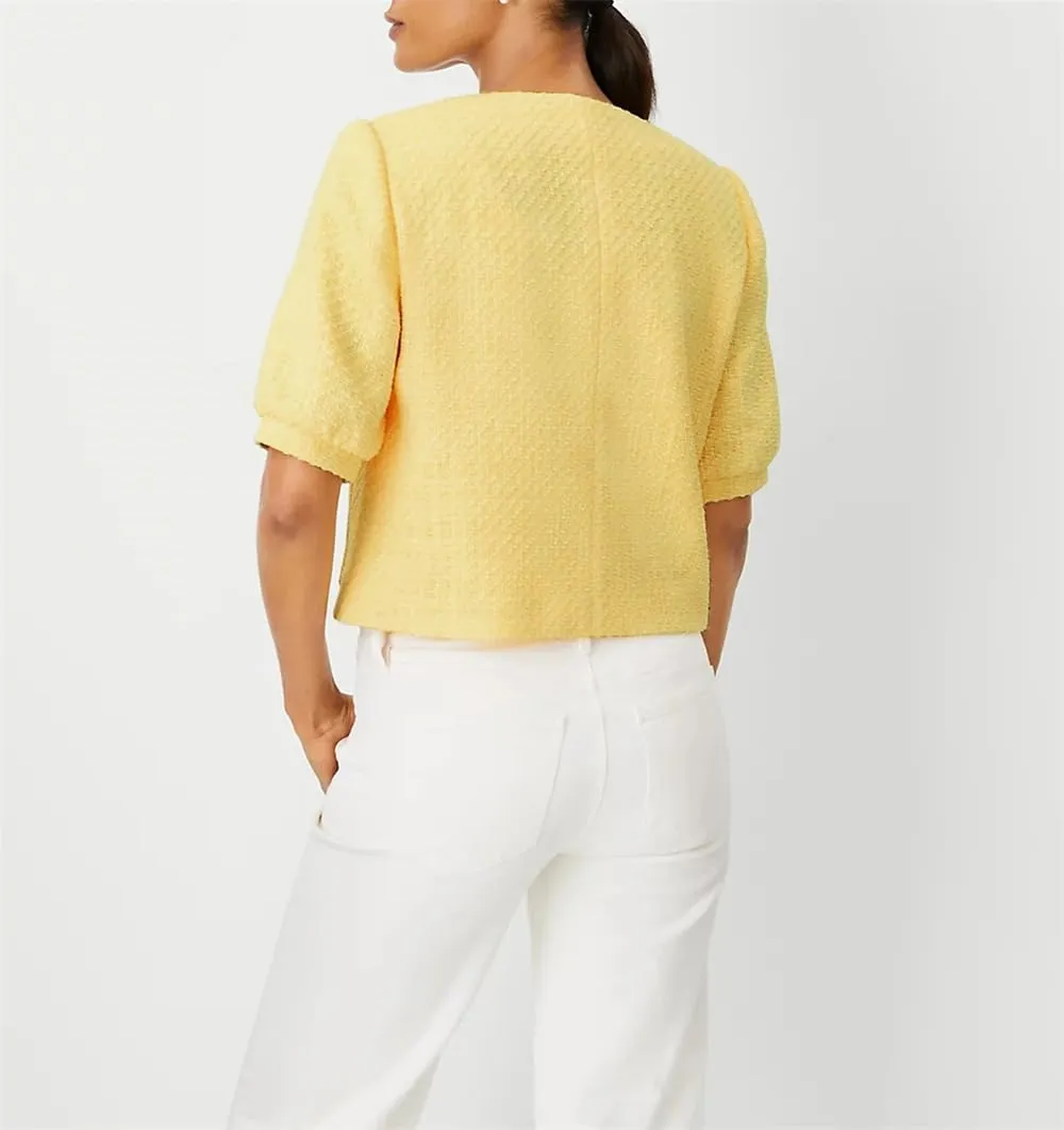LifeShe Puff Short Sleeve Tweed Jacket Women Cropped Jackets Summer Open Front Office Work Blazer Coat