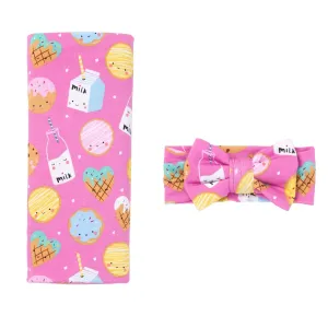 Little Sleepies Newborn Swaddle   Headband Set, Viscose Derived from Bamboo Baby Wrap, Luxe Pink Cookies & Milk