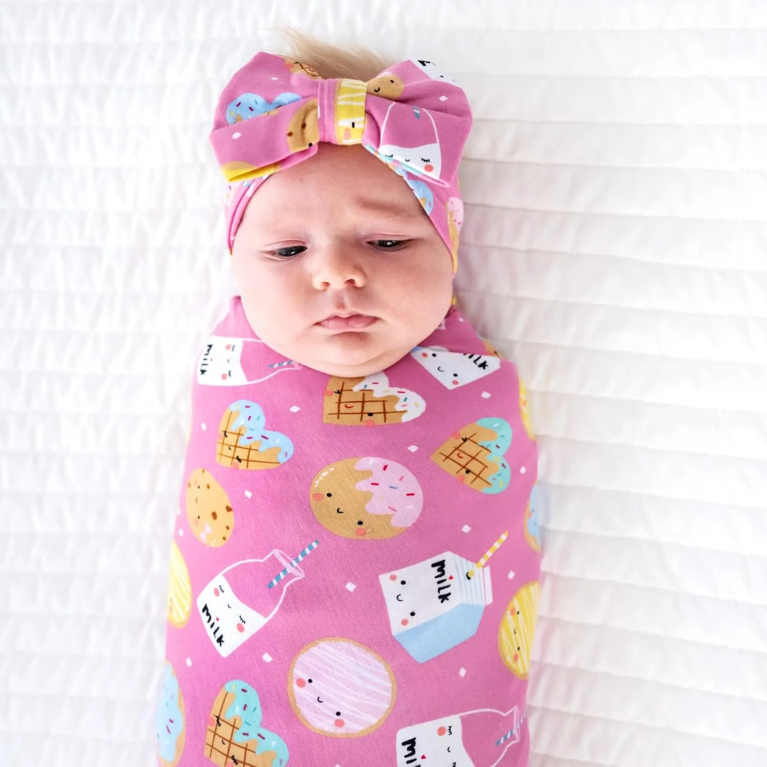 Little Sleepies Newborn Swaddle   Headband Set, Viscose Derived from Bamboo Baby Wrap, Luxe Pink Cookies & Milk
