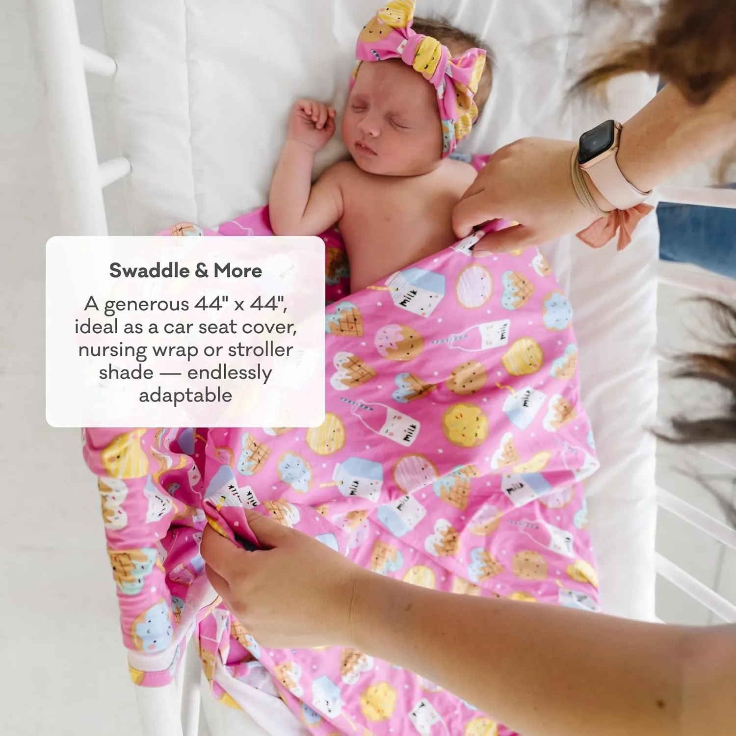 Little Sleepies Newborn Swaddle   Headband Set, Viscose Derived from Bamboo Baby Wrap, Luxe Pink Cookies & Milk