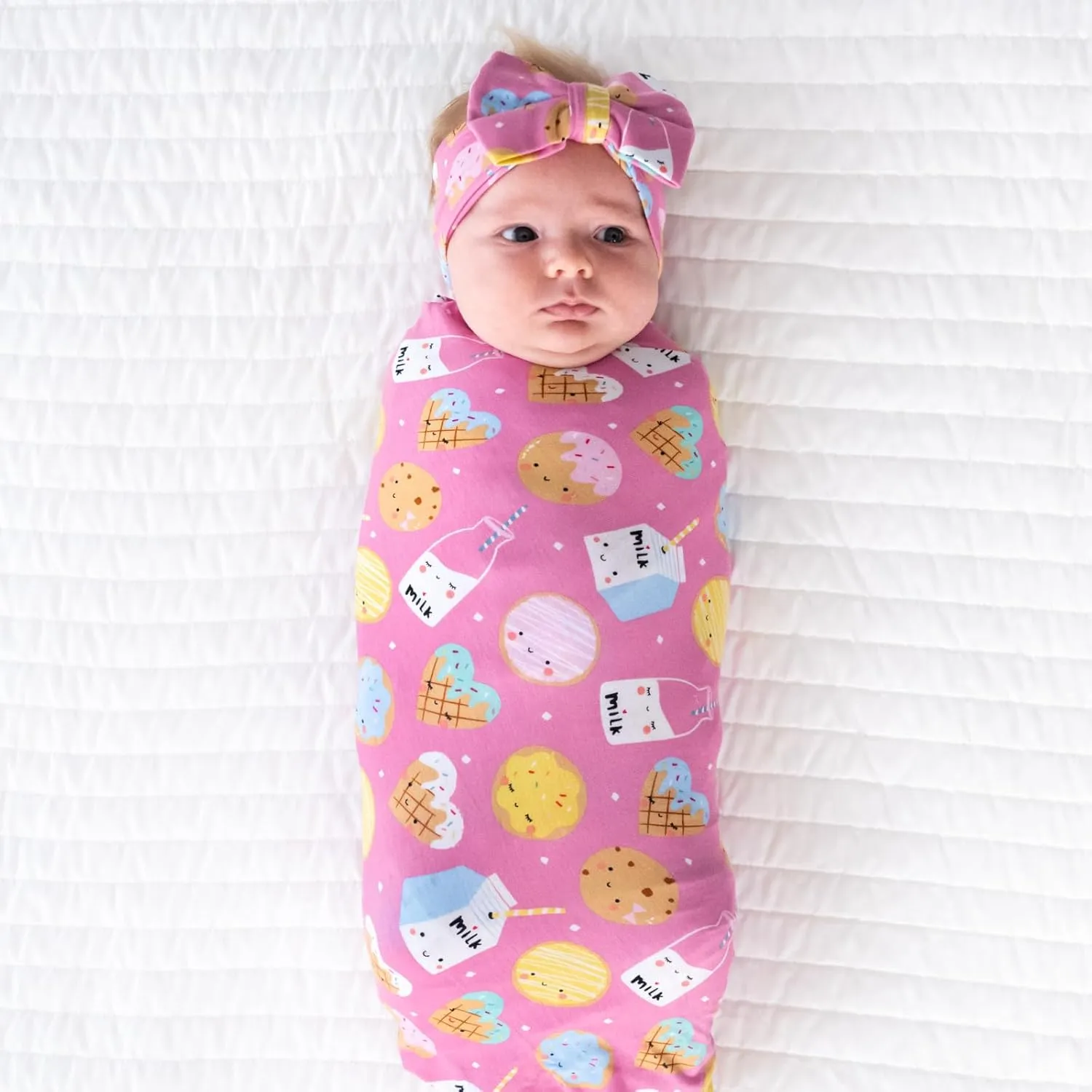 Little Sleepies Newborn Swaddle   Headband Set, Viscose Derived from Bamboo Baby Wrap, Luxe Pink Cookies & Milk