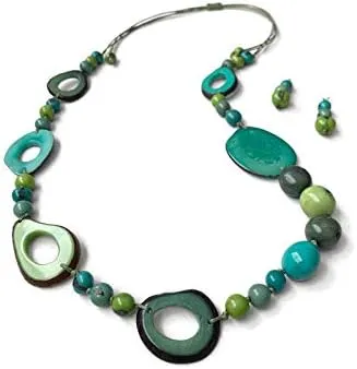 Long tagua necklace in green, aqua, lime, organic bold adjustable necklace, statement tagua nut jewelry TAG677
