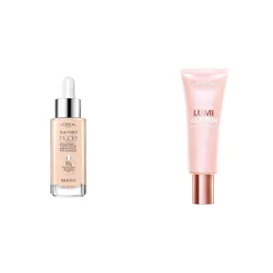 L’Oréal Paris True Match Nude Hyaluronic Tinted Serum Foundation with 1% Hyaluronic acid & Makeup True Match Lumi Glotion Natural Glow Enhancer Lotion, Fair, 1.35 Ounces