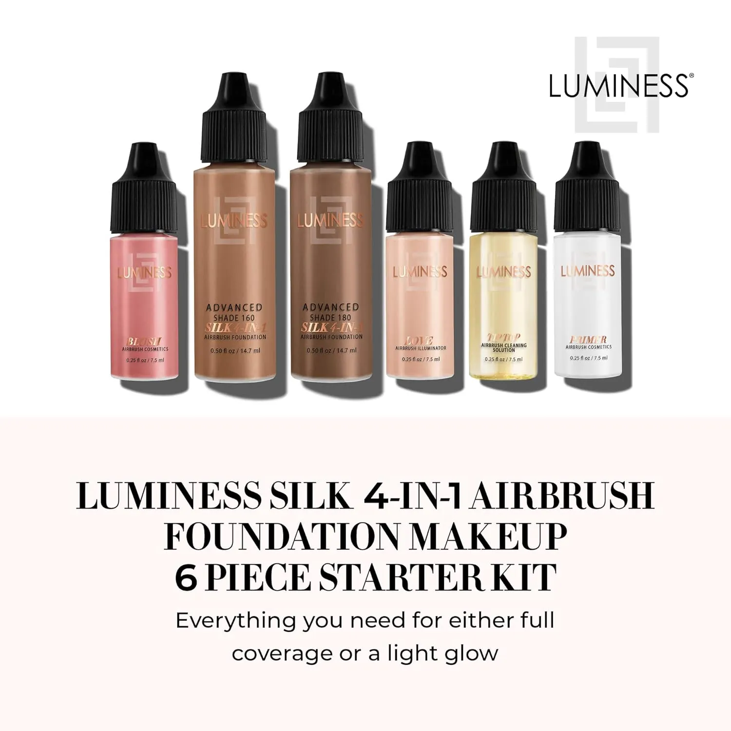 Luminess Silk 4-in-1 Airbrush Foundation Makeup Starter Kit - Rich Coverage, 6-piece - Includes 2x Silk Airbrush Foundation, Blush, Glow Highlighter, Moisturizer Primer & Airbrush Cleaning Solution