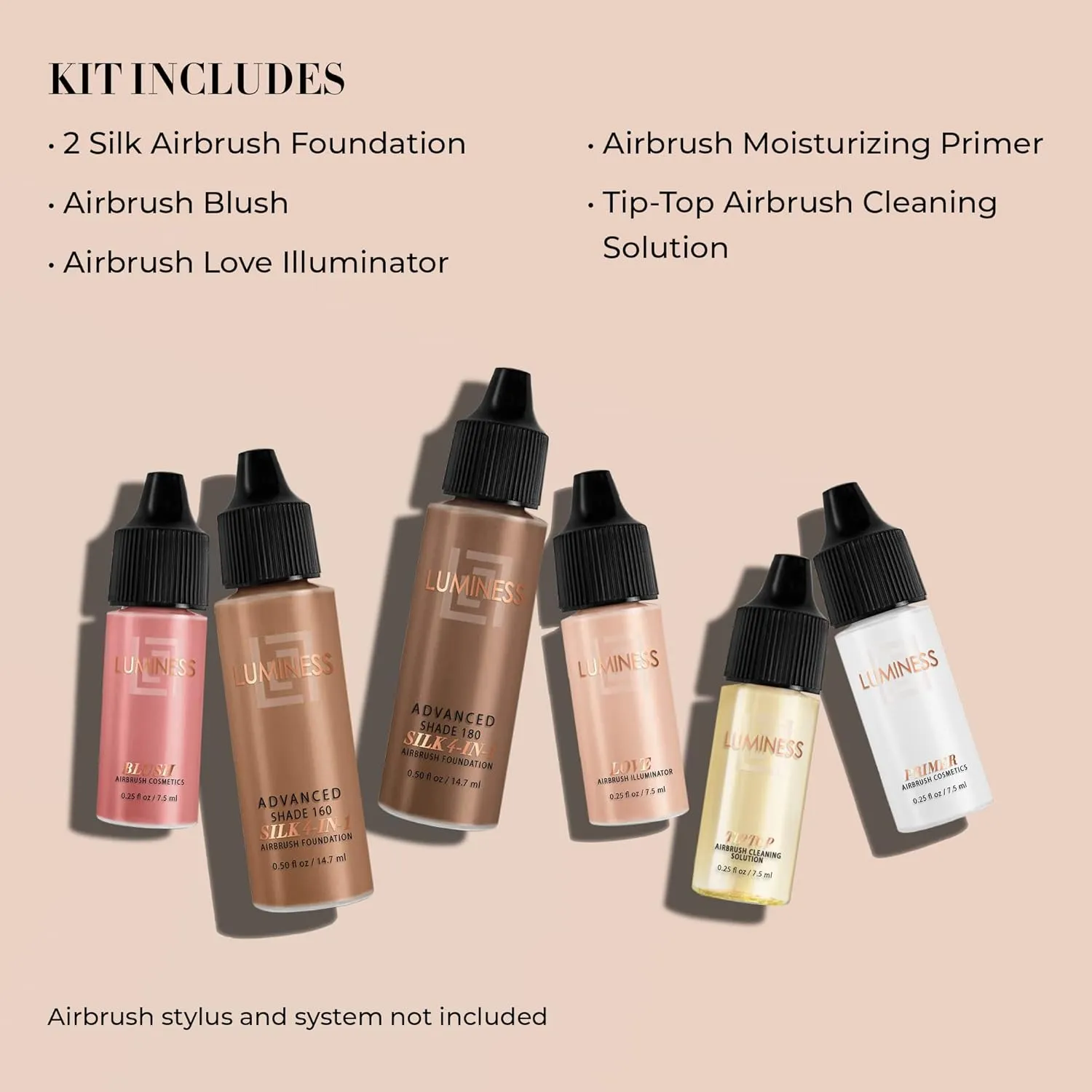 Luminess Silk 4-in-1 Airbrush Foundation Makeup Starter Kit - Rich Coverage, 6-piece - Includes 2x Silk Airbrush Foundation, Blush, Glow Highlighter, Moisturizer Primer & Airbrush Cleaning Solution
