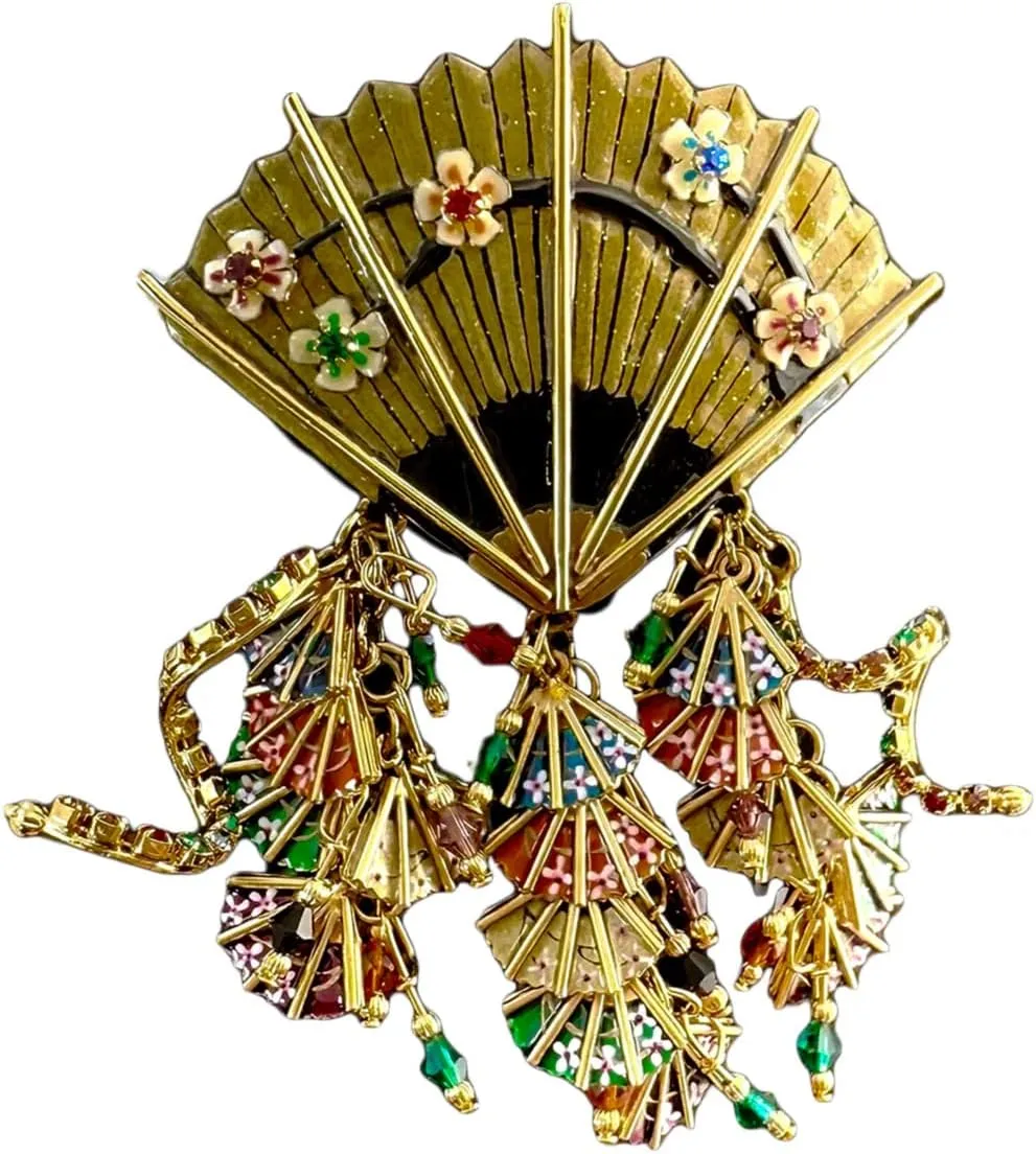 Lunch at The Ritz Asian Fan Brooch with Dangling Multi-Color Fans Gold Plating