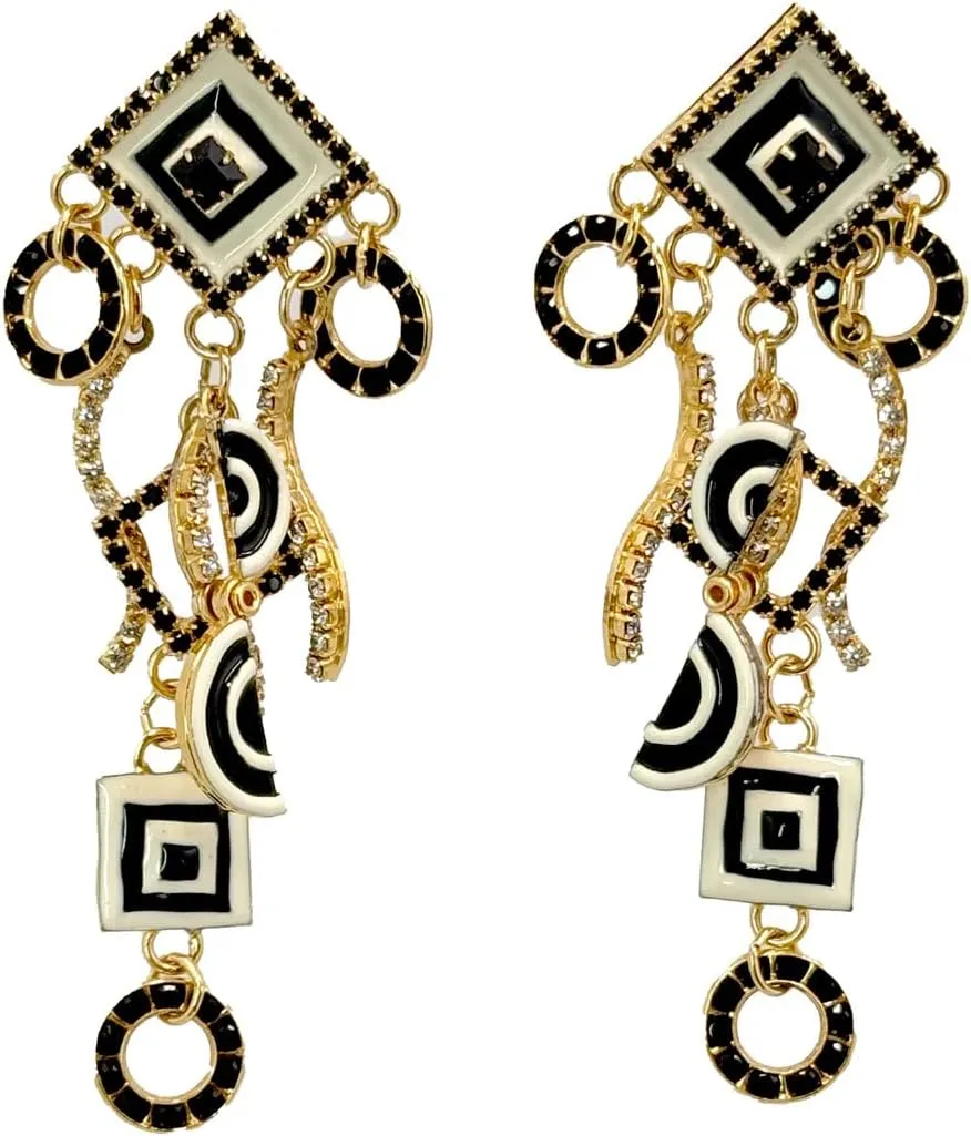Lunch at The Ritz Op Art Black White Geometric Enamel Post Earrings 22k Plating