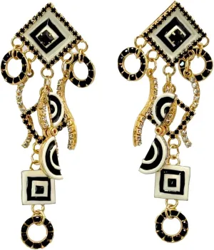 Lunch at The Ritz Op Art Black White Geometric Enamel Post Earrings 22k Plating