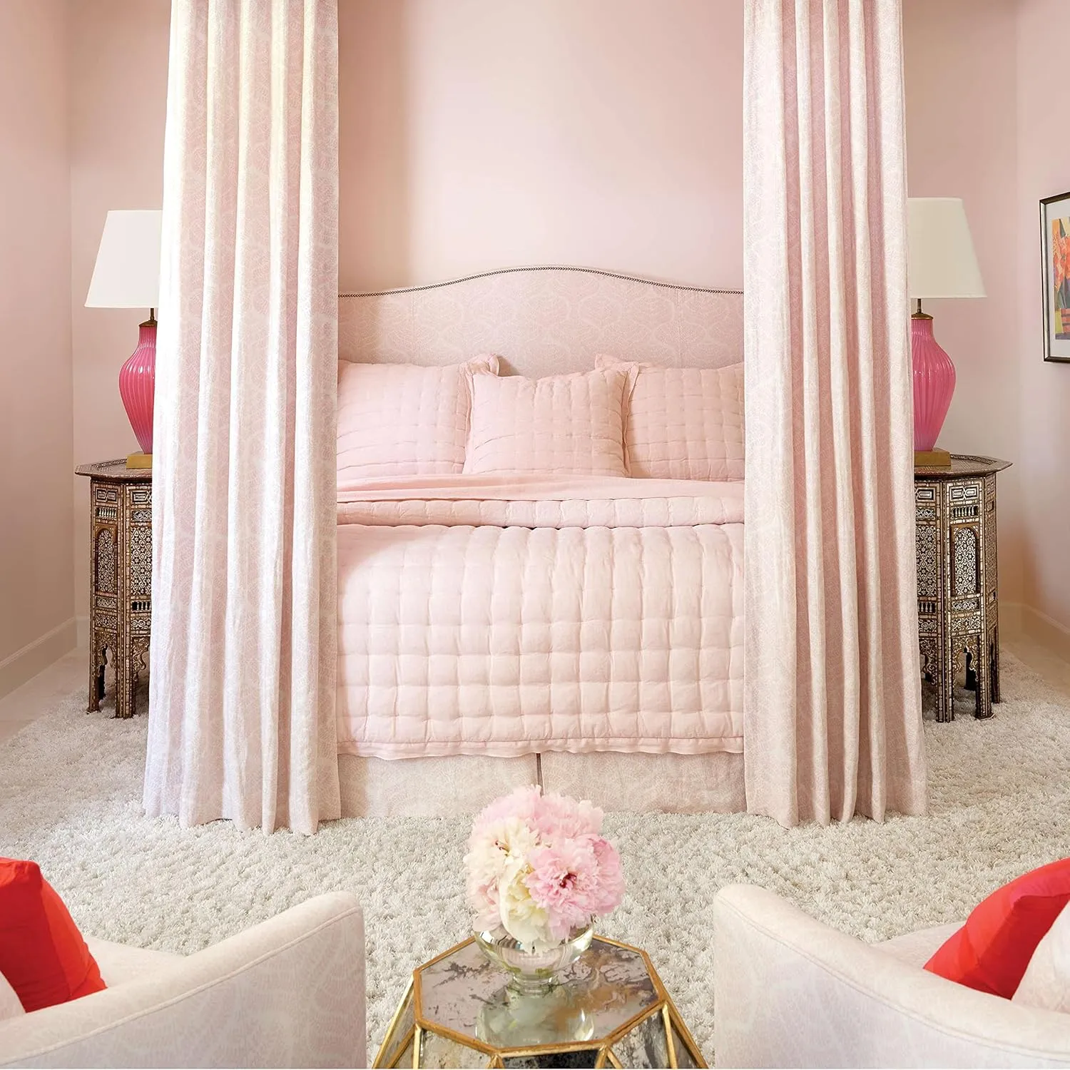 Lush Linen Soft Pink Puff Quilt, King Size, Pink Solid Pattern