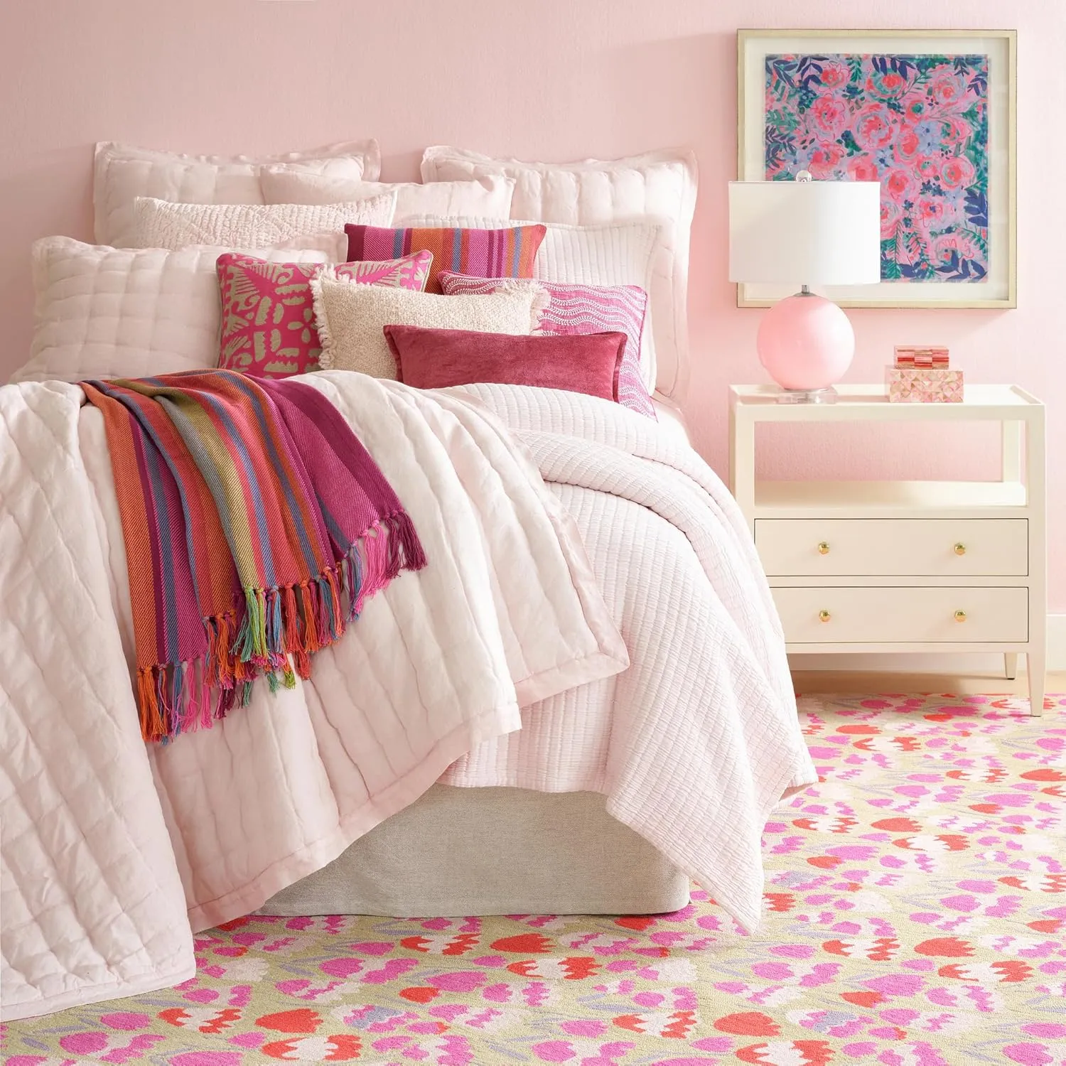 Lush Linen Soft Pink Puff Quilt, King Size, Pink Solid Pattern