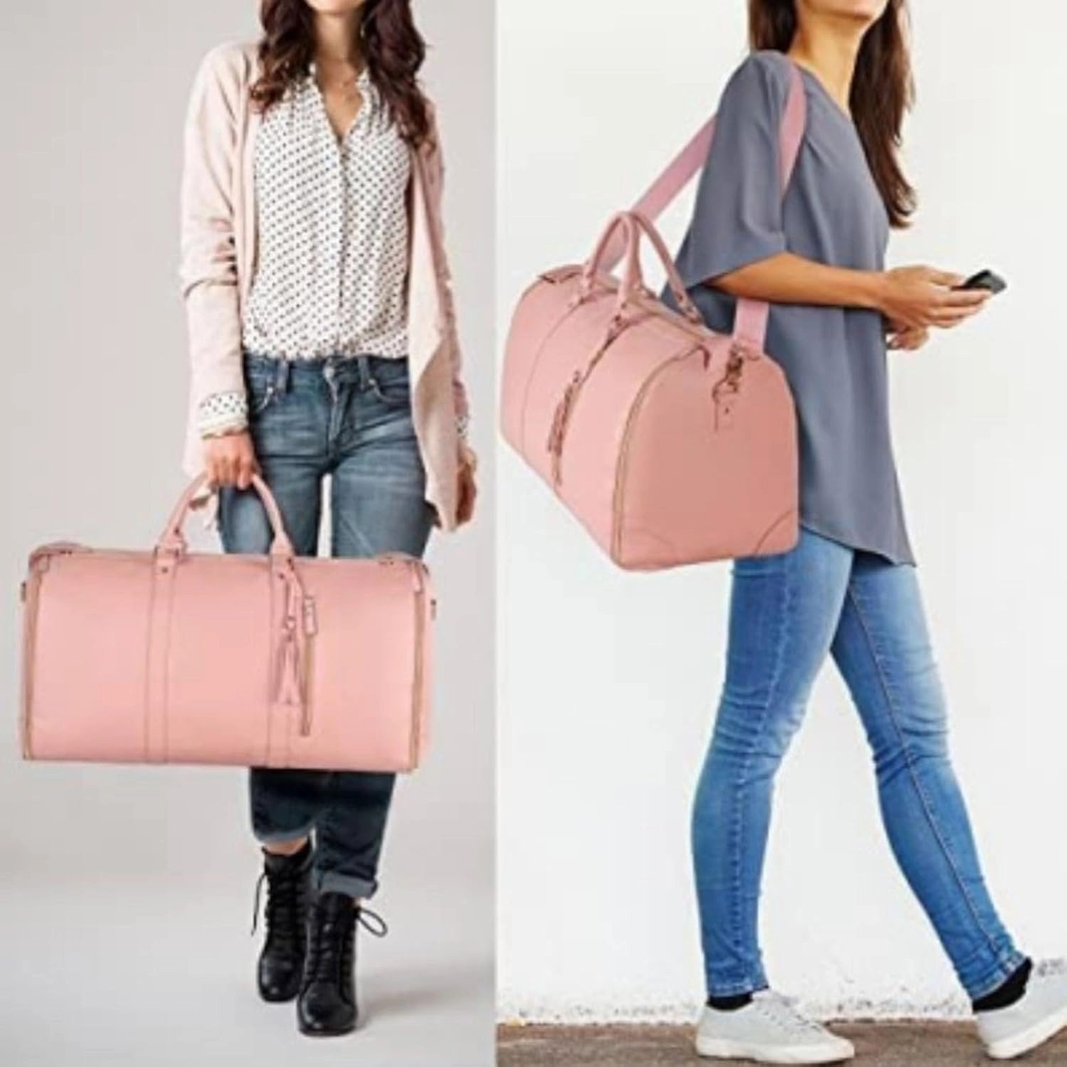 Luxe Mega Bag, Jenni Bag Travel Bag With Wheels, PU Leather 2 in 1 Hanging Suitcase Travel Bags, Waterproof Convertible Garment Bags for Travel with Shoe Pouch (Pink)