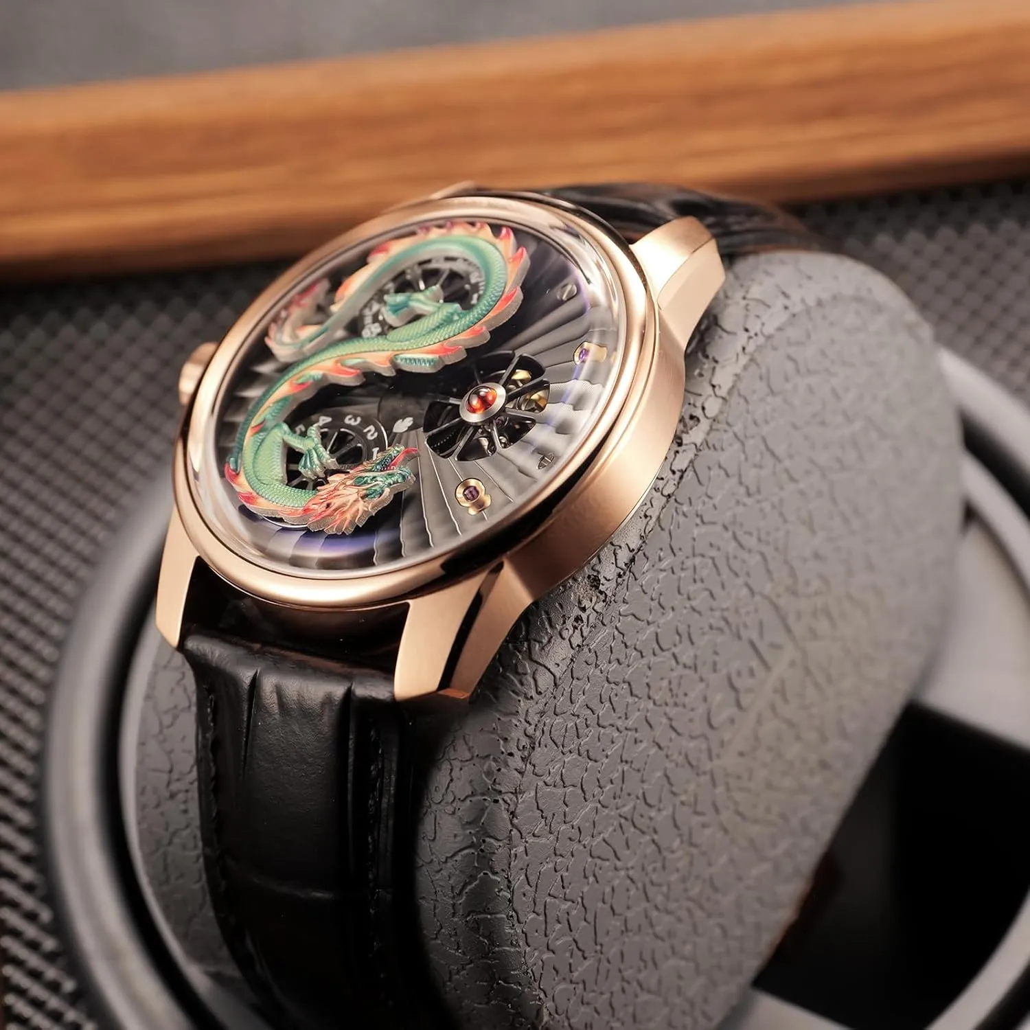 Luxury Dragon Design Mechanical Watch, Leather Band, Silver Case