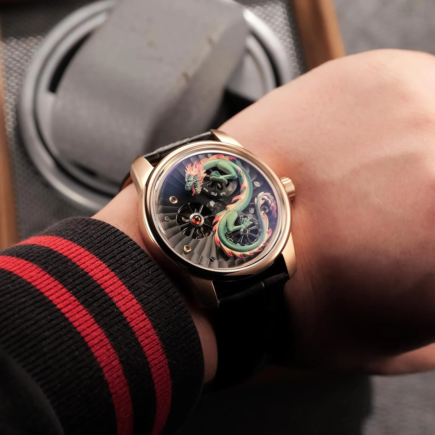 Luxury Dragon Design Mechanical Watch, Leather Band, Silver Case