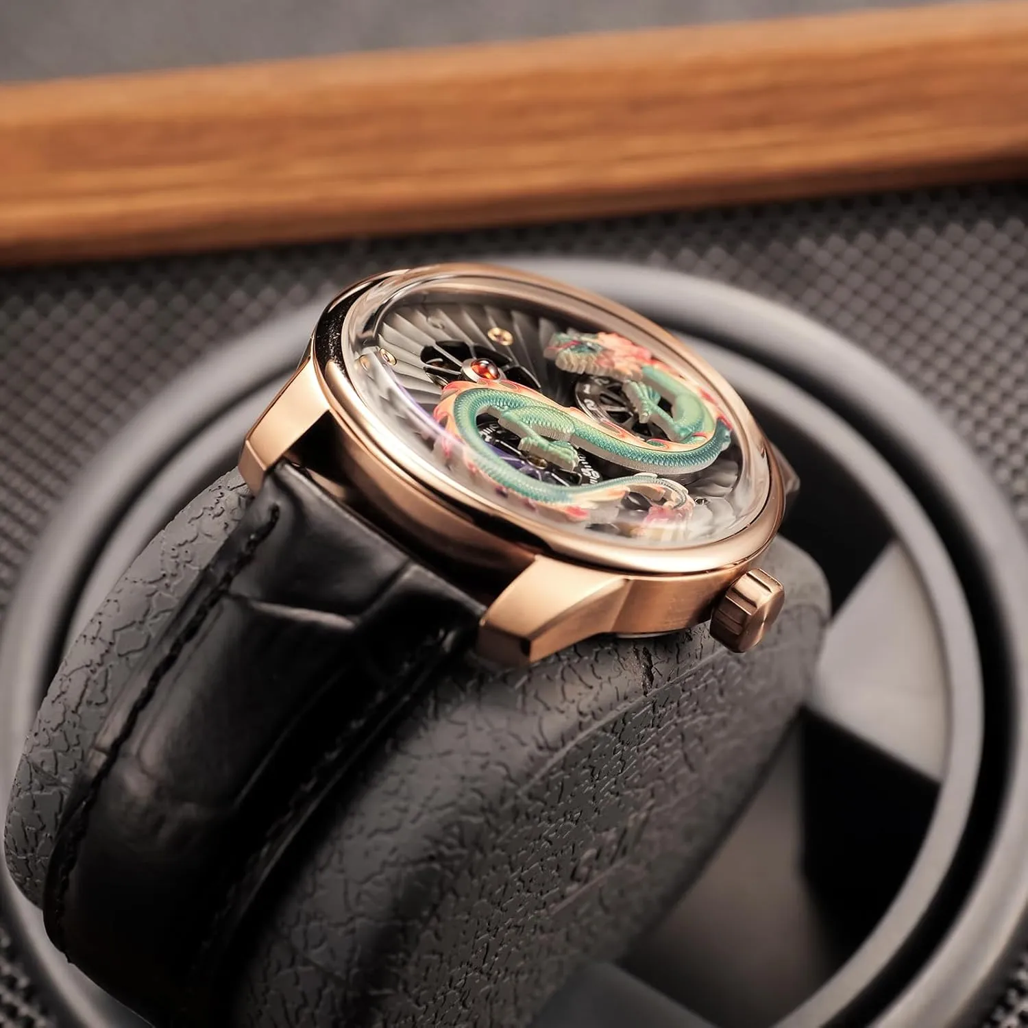 Luxury Dragon Design Mechanical Watch, Leather Band, Silver Case