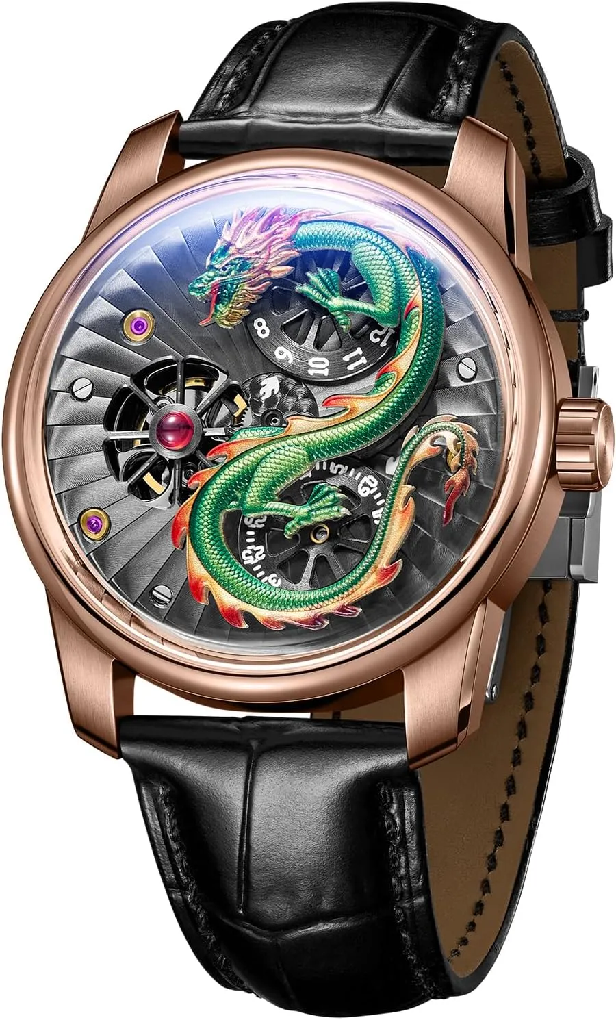 Luxury Dragon Design Mechanical Watch, Leather Band, Silver Case