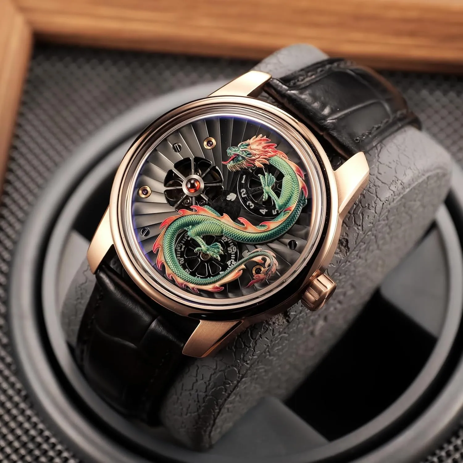 Luxury Dragon Design Mechanical Watch, Leather Band, Silver Case