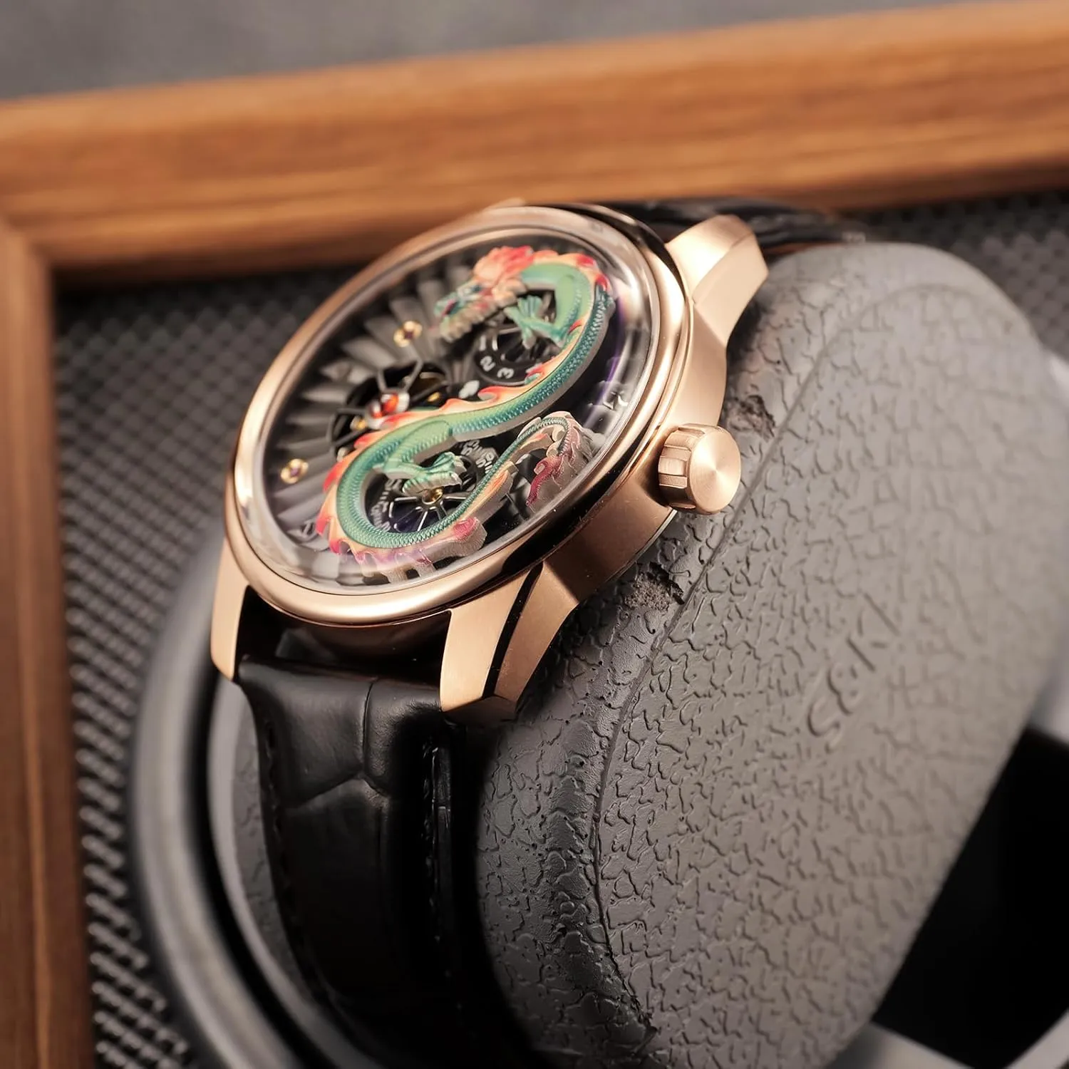 Luxury Dragon Design Mechanical Watch, Leather Band, Silver Case