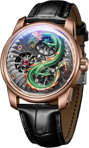 Luxury Dragon Design Mechanical Watch, Leather Band, Silver Case