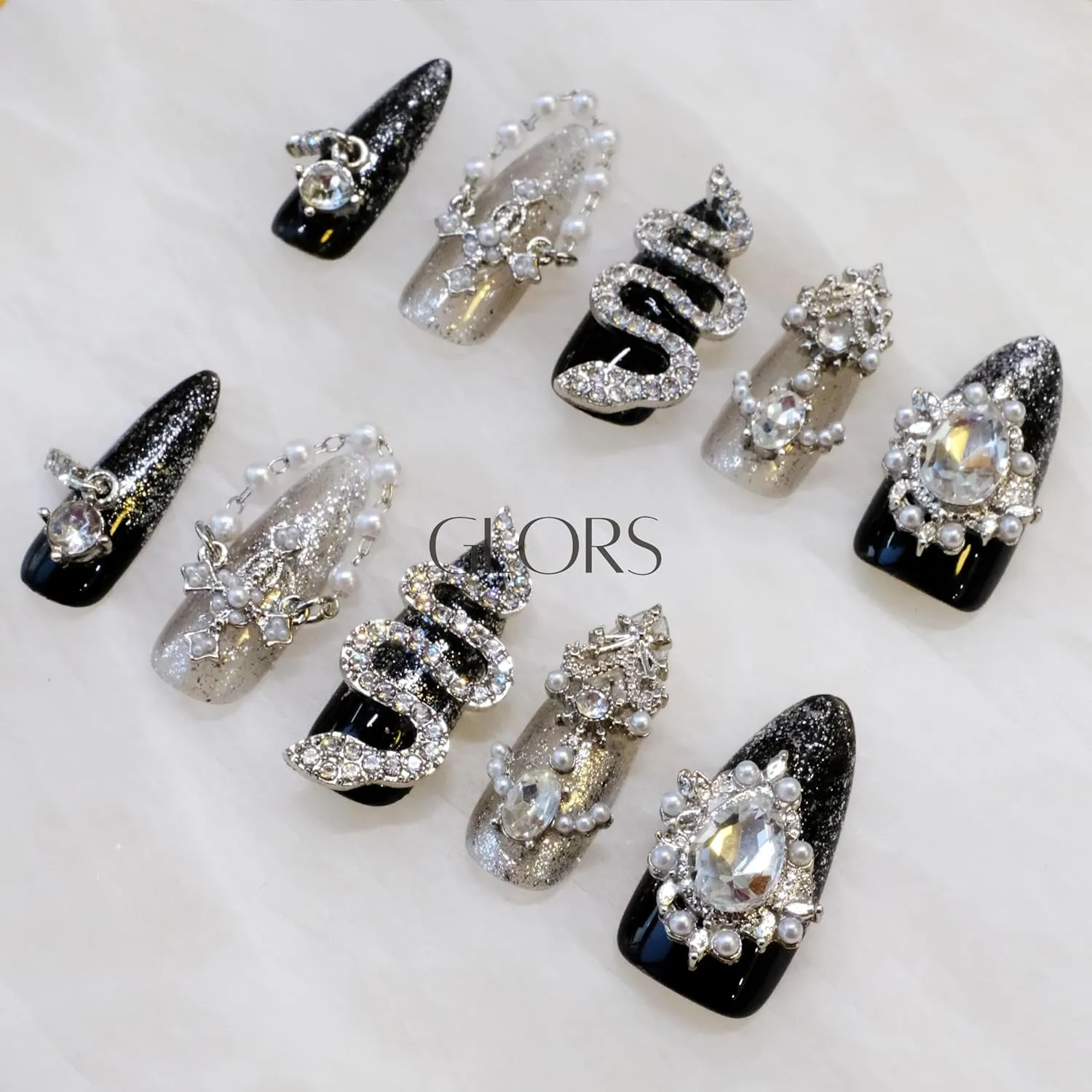 Luxury Press-On Nails, Black and Silver Glitter with 3D Rhinestones and Pearl Accents, Handmade False Nail 10 Pieces (M, LS)