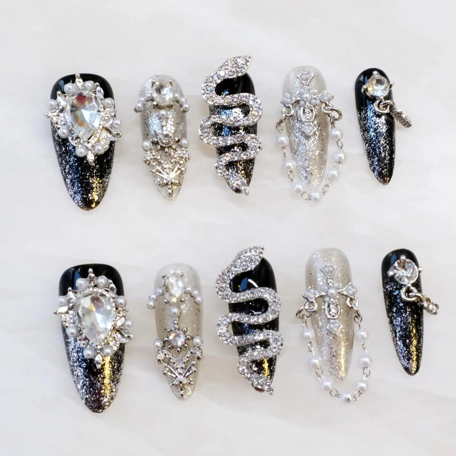 Luxury Press-On Nails, Black and Silver Glitter with 3D Rhinestones and Pearl Accents, Handmade False Nail 10 Pieces (M, LS)