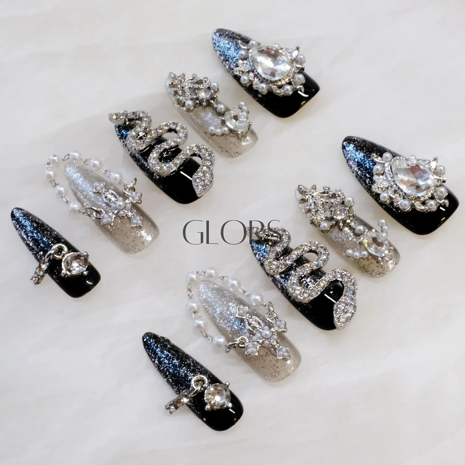 Luxury Press-On Nails, Black and Silver Glitter with 3D Rhinestones and Pearl Accents, Handmade False Nail 10 Pieces (M, LS)