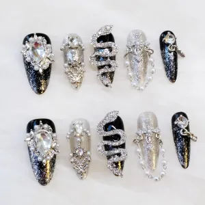 Luxury Press-On Nails, Black and Silver Glitter with 3D Rhinestones and Pearl Accents, Handmade False Nail 10 Pieces (M, LS)