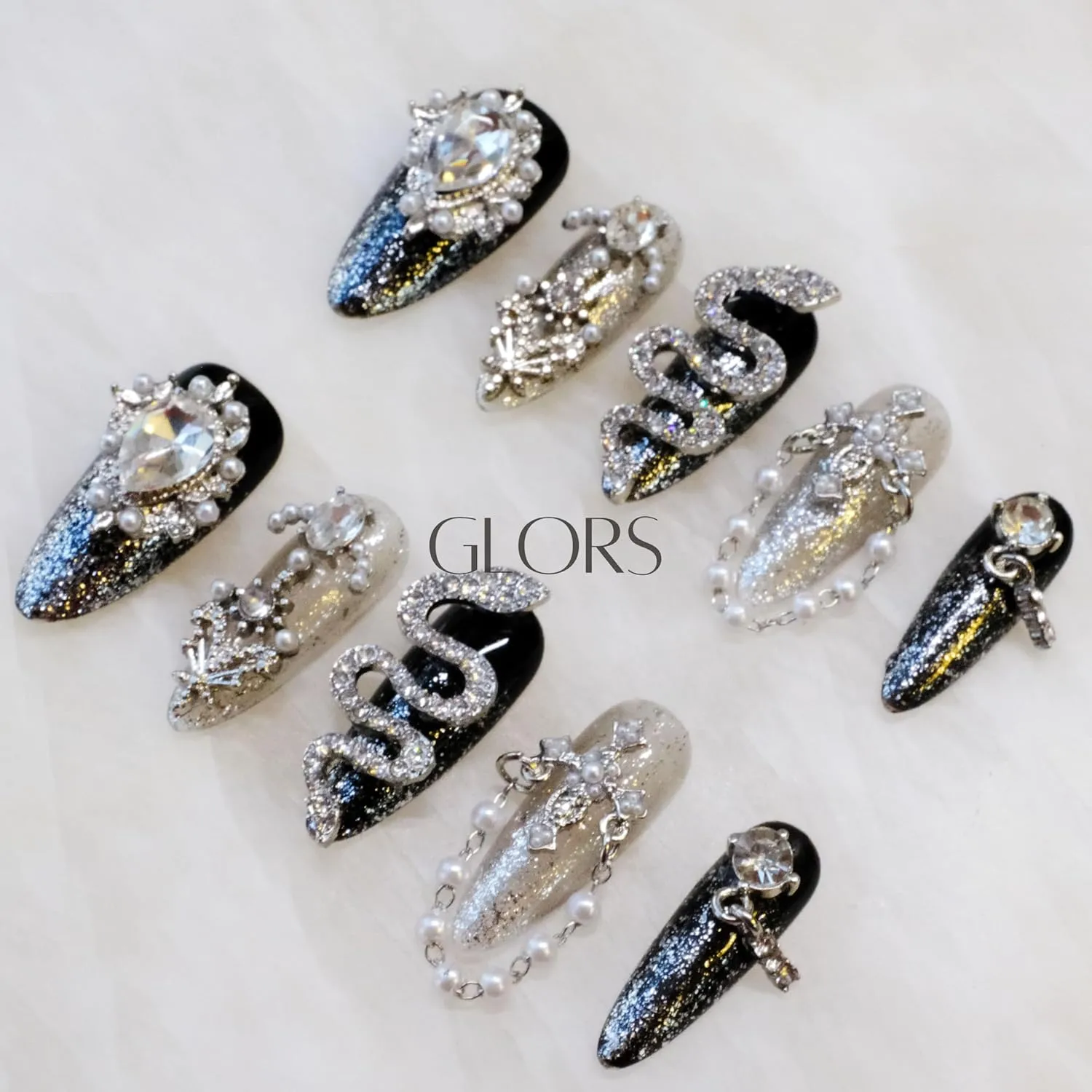 Luxury Press-On Nails, Black and Silver Glitter with 3D Rhinestones and Pearl Accents, Handmade False Nail 10 Pieces (M, LS)