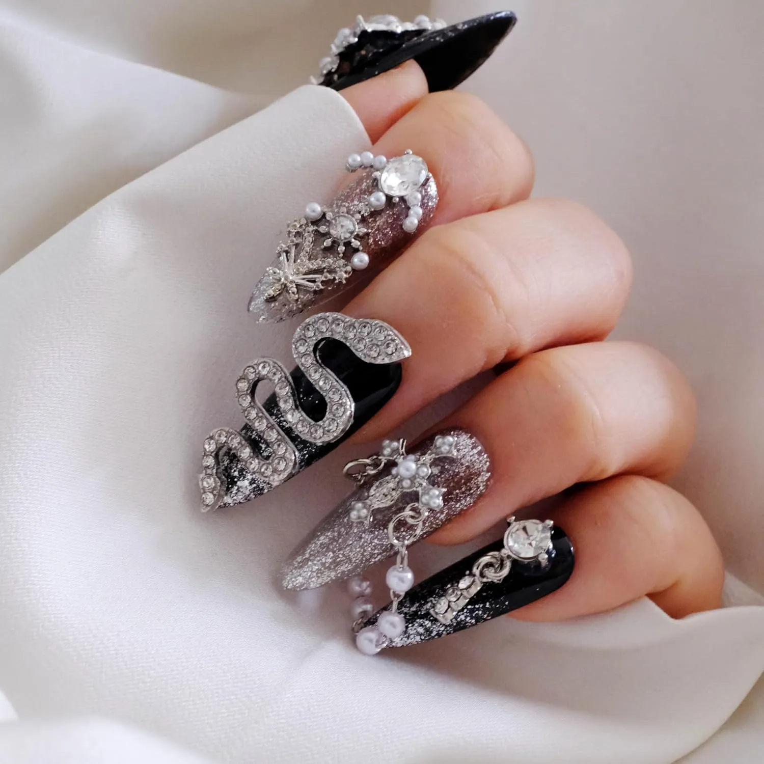 Luxury Press-On Nails, Black and Silver Glitter with 3D Rhinestones and Pearl Accents, Handmade False Nail 10 Pieces (M, LS)