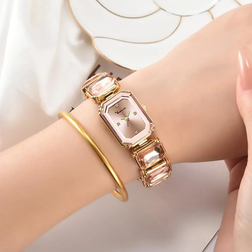 Luxury Womens Diamond Watch Bracelets Crystal Band Gold-Tone Octagonal Face