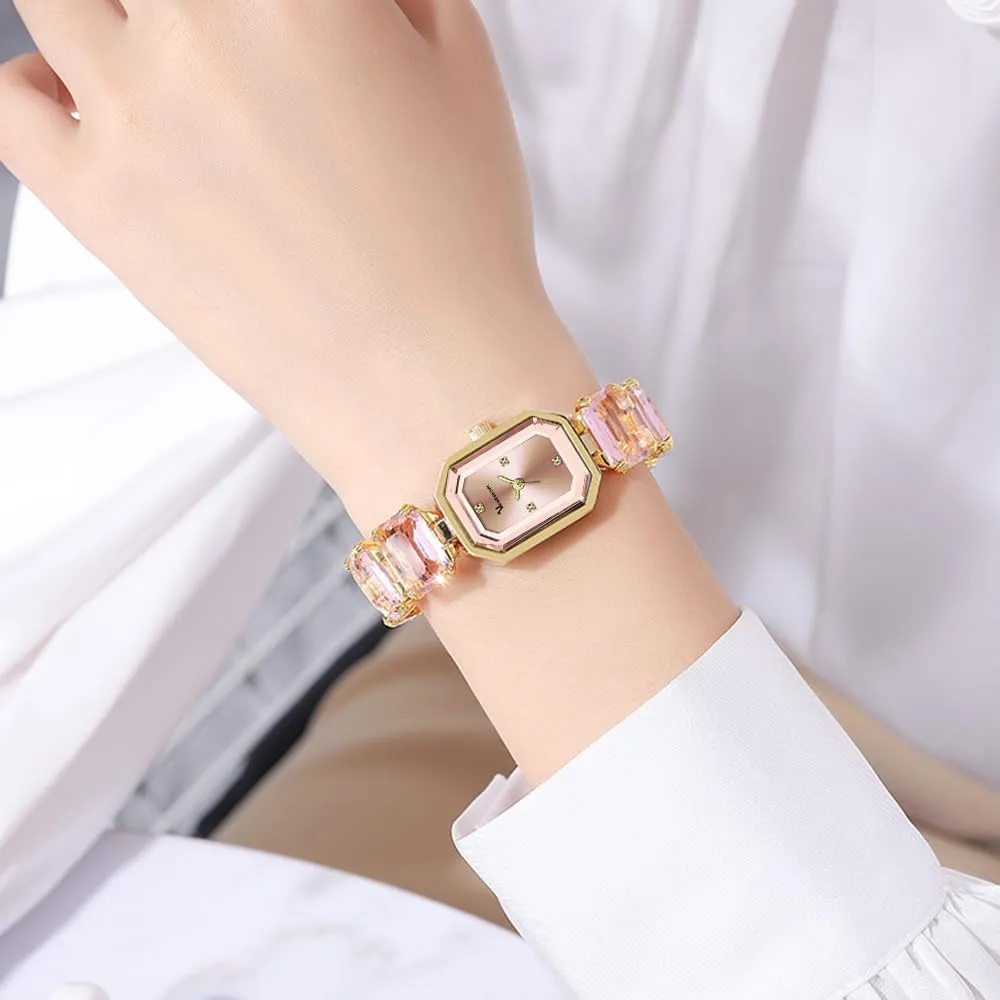 Luxury Womens Diamond Watch Bracelets Crystal Band Gold-Tone Octagonal Face