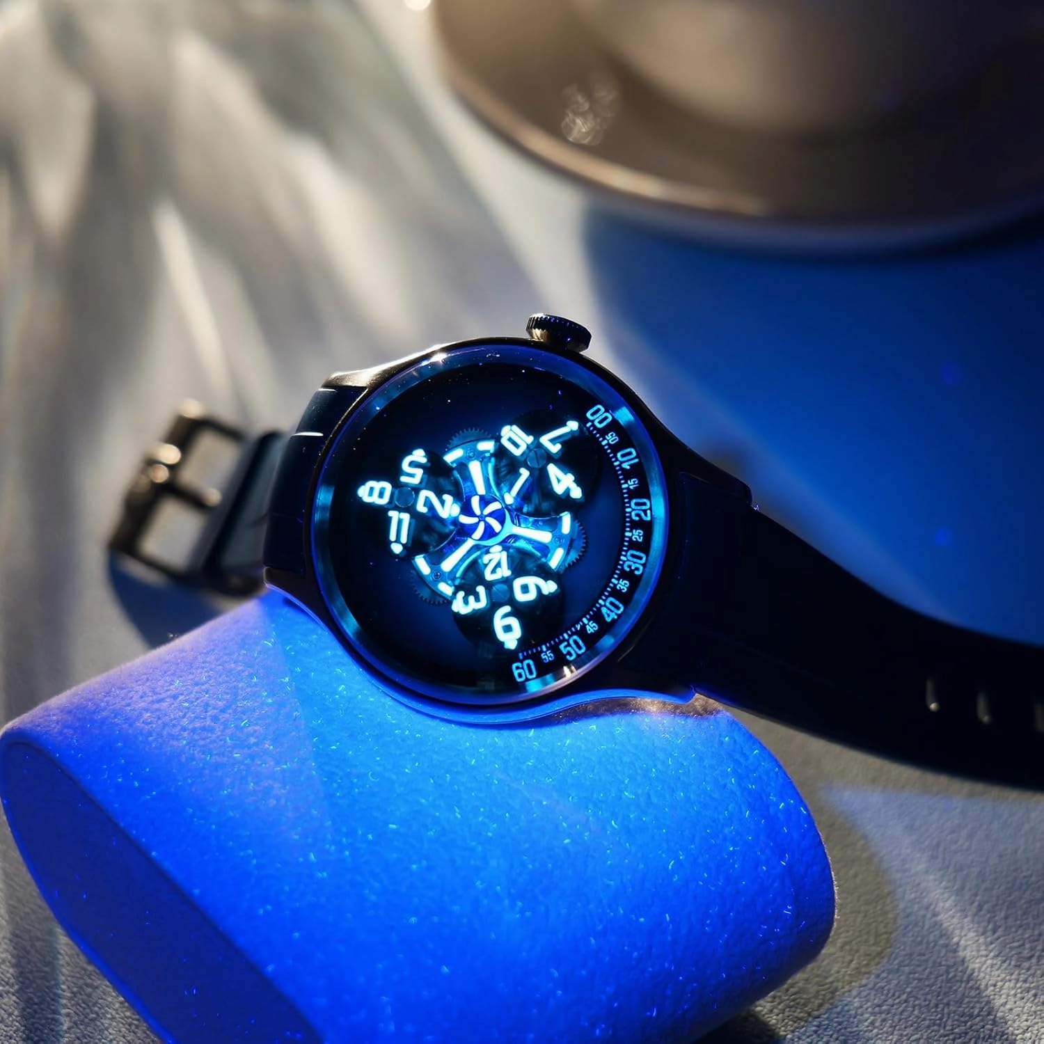 Luxury Mechanical Watch with Triple Rotating Discs, Black Silicone Band, Silver Case