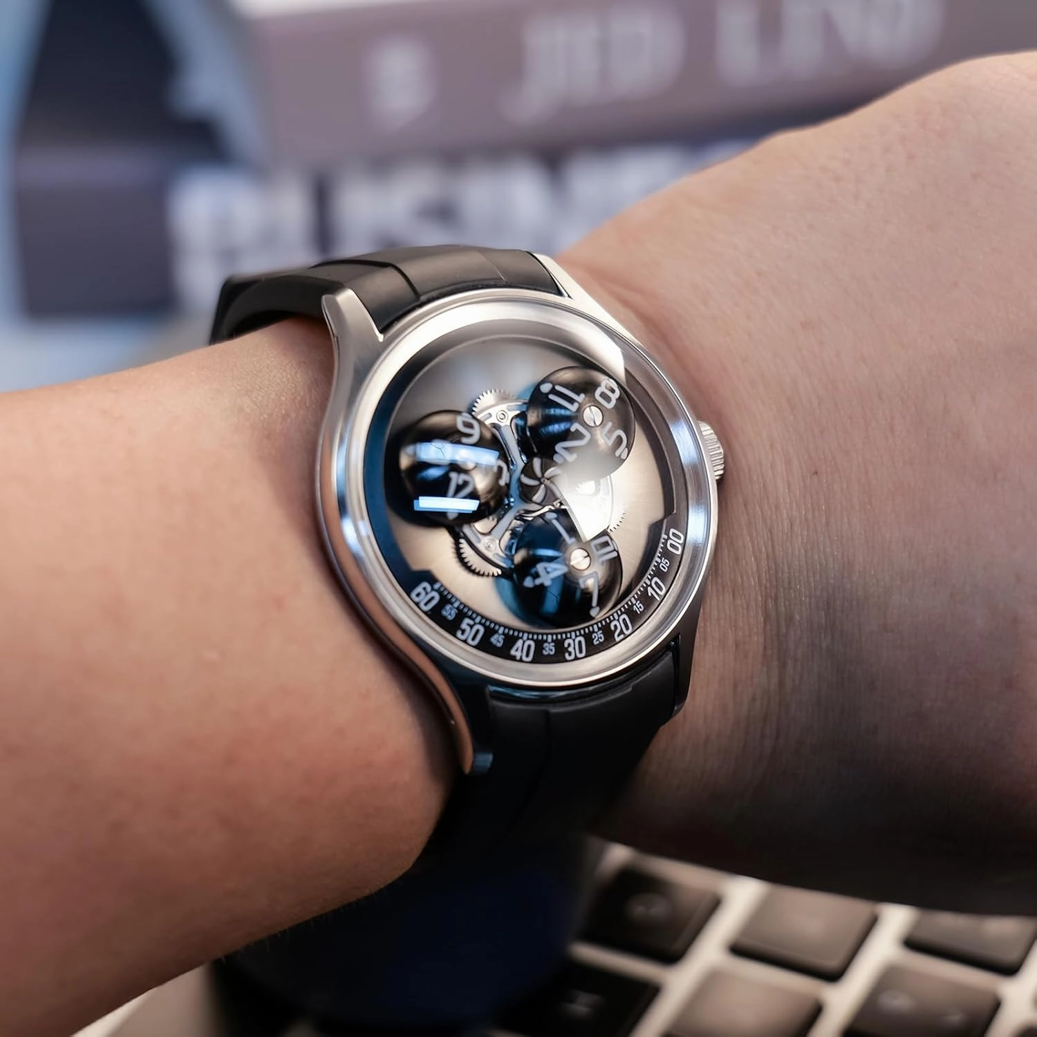 Luxury Mechanical Watch with Triple Rotating Discs, Black Silicone Band, Silver Case