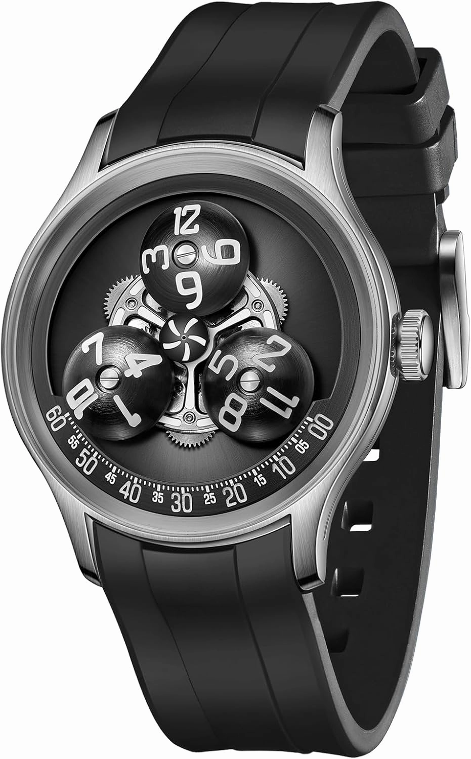 Luxury Mechanical Watch with Triple Rotating Discs, Black Silicone Band, Silver Case