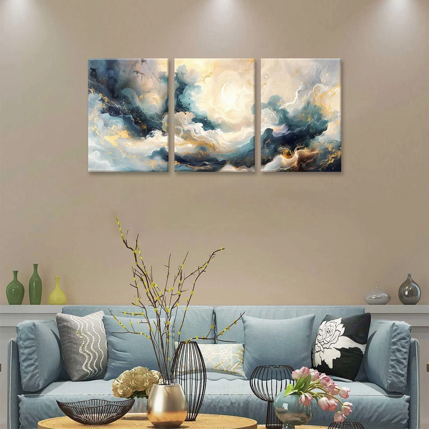 LYPHNX Framed Blue Abstract Fantasy Canvas Wall Art Minimalism Ink Painting Poster Set of 3 Modern ArtWork Navy Blue Gold Marble Prints Pictuer Wall Decor for Living room Bedroom Office Hotel 12"x16"