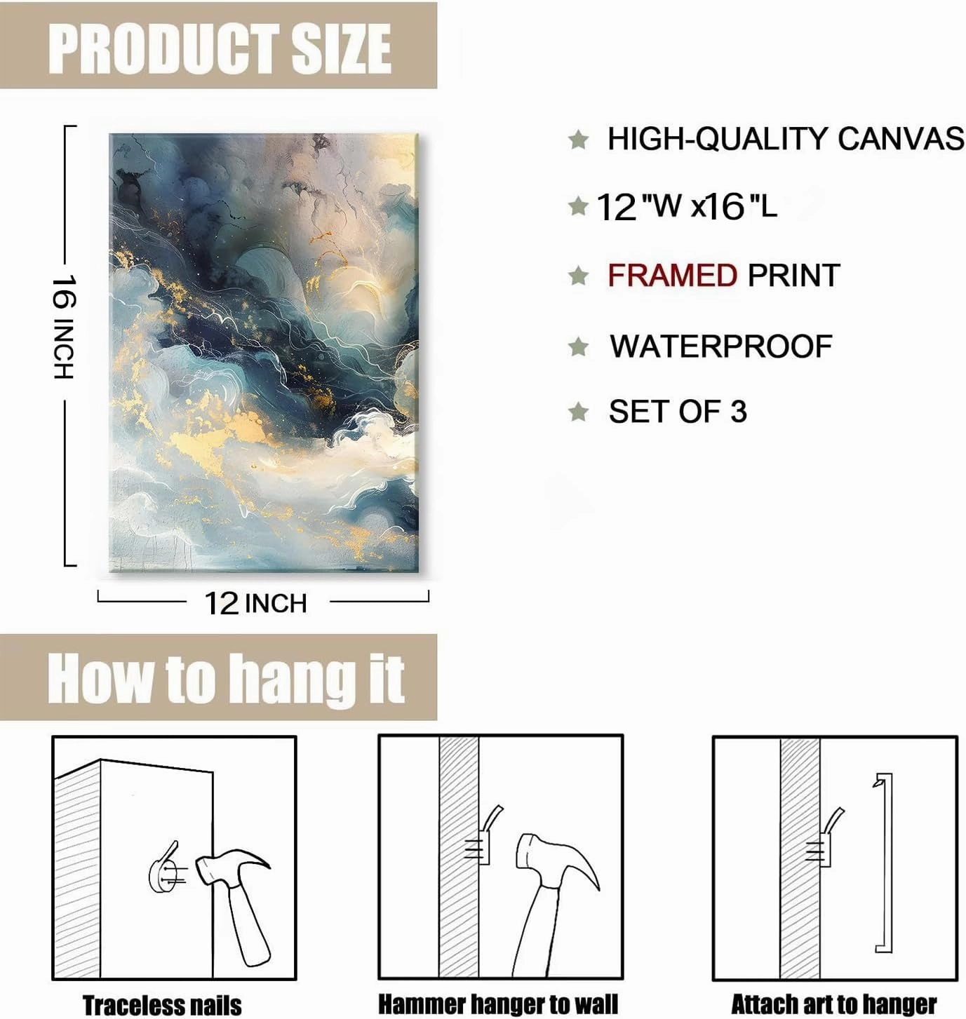 LYPHNX Framed Blue Abstract Fantasy Canvas Wall Art Minimalism Ink Painting Poster Set of 3 Modern ArtWork Navy Blue Gold Marble Prints Pictuer Wall Decor for Living room Bedroom Office Hotel 12"x16"