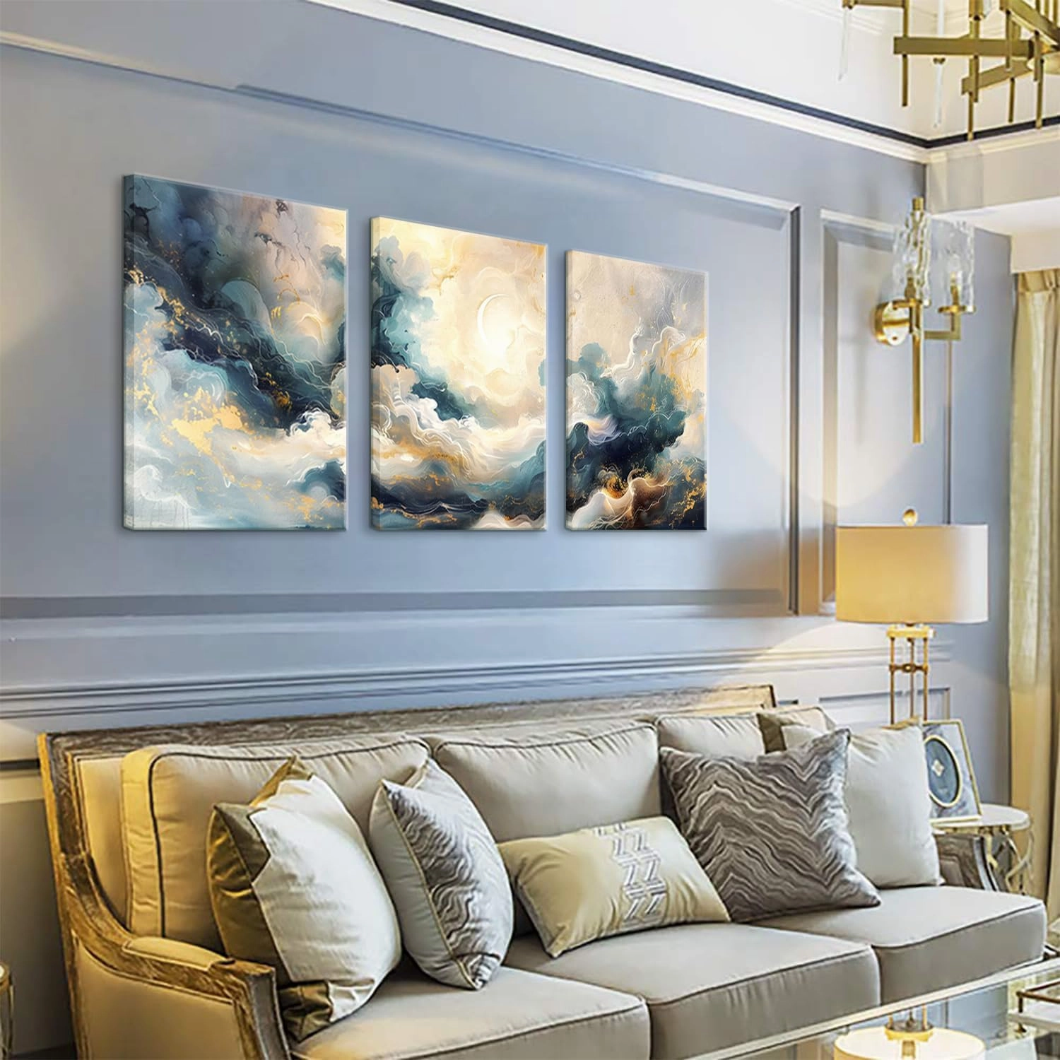 LYPHNX Framed Blue Abstract Fantasy Canvas Wall Art Minimalism Ink Painting Poster Set of 3 Modern ArtWork Navy Blue Gold Marble Prints Pictuer Wall Decor for Living room Bedroom Office Hotel 12"x16"