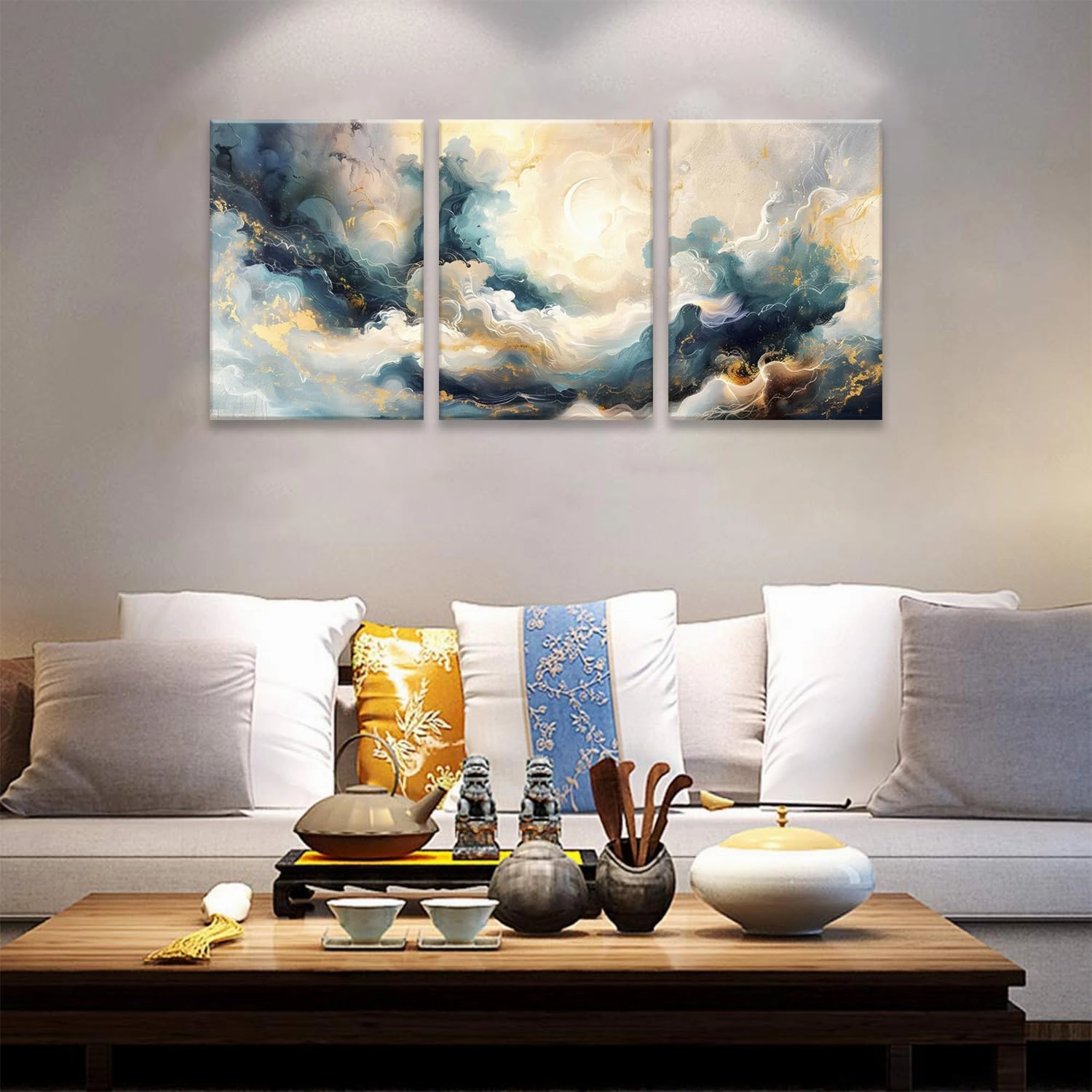 LYPHNX Framed Blue Abstract Fantasy Canvas Wall Art Minimalism Ink Painting Poster Set of 3 Modern ArtWork Navy Blue Gold Marble Prints Pictuer Wall Decor for Living room Bedroom Office Hotel 12"x16"