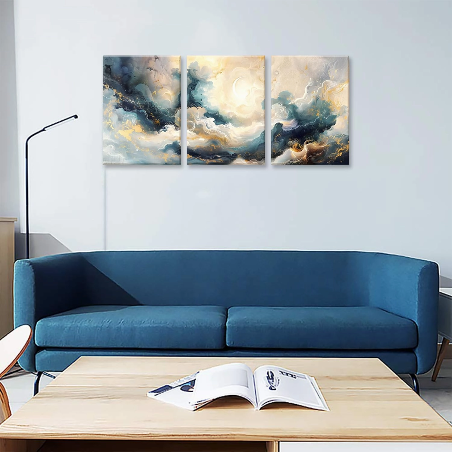 LYPHNX Framed Blue Abstract Fantasy Canvas Wall Art Minimalism Ink Painting Poster Set of 3 Modern ArtWork Navy Blue Gold Marble Prints Pictuer Wall Decor for Living room Bedroom Office Hotel 12"x16"