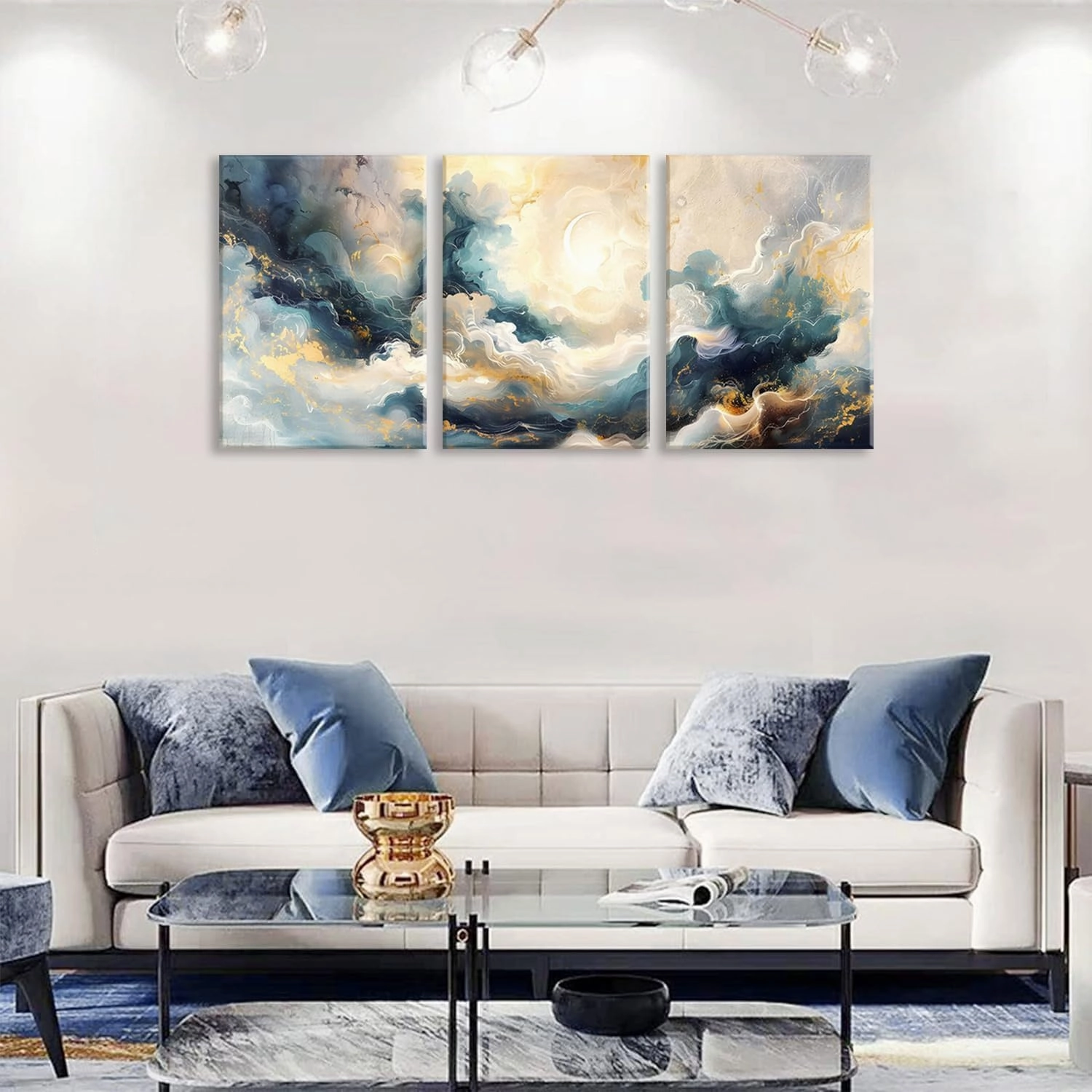 LYPHNX Framed Blue Abstract Fantasy Canvas Wall Art Minimalism Ink Painting Poster Set of 3 Modern ArtWork Navy Blue Gold Marble Prints Pictuer Wall Decor for Living room Bedroom Office Hotel 12"x16"