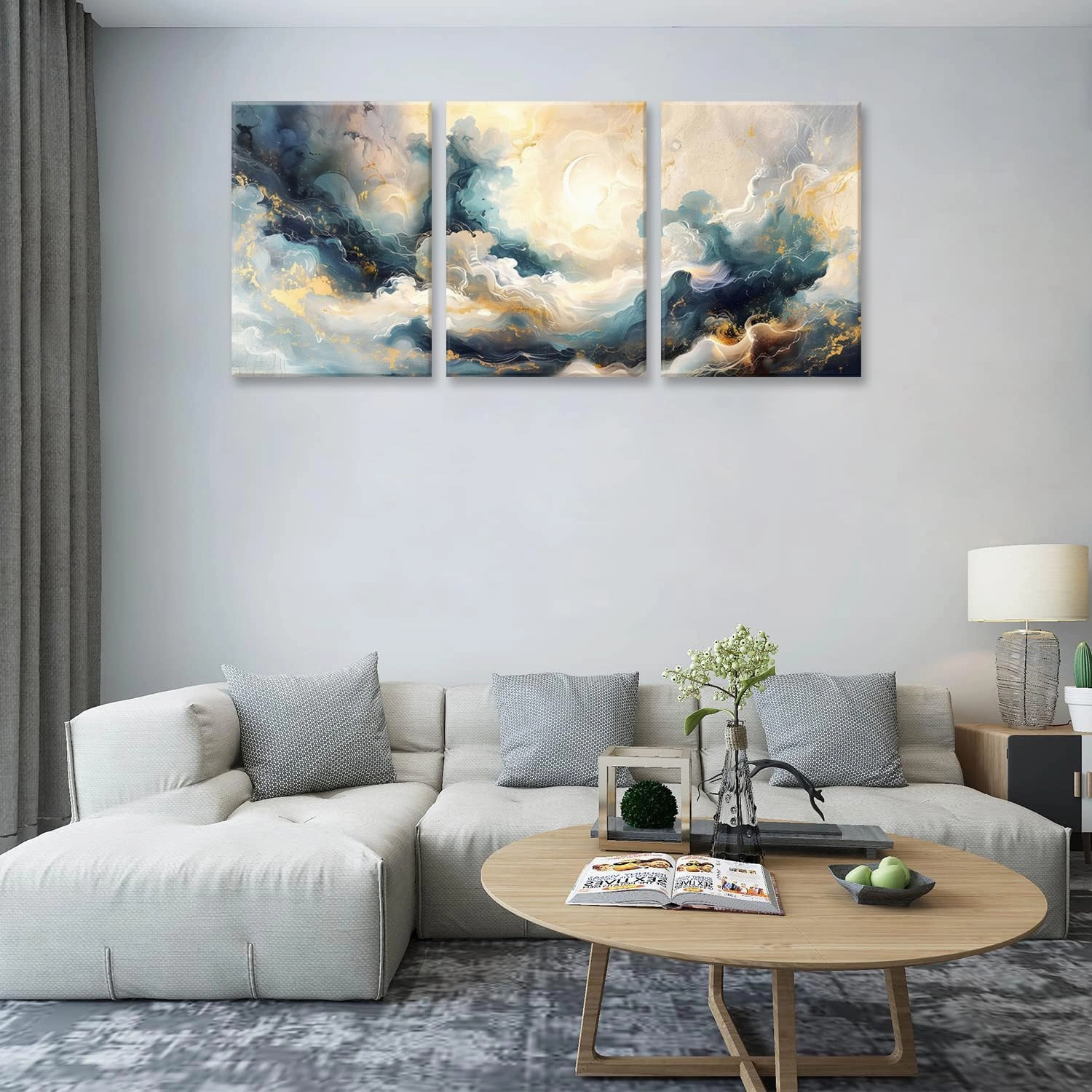 LYPHNX Framed Blue Abstract Fantasy Canvas Wall Art Minimalism Ink Painting Poster Set of 3 Modern ArtWork Navy Blue Gold Marble Prints Pictuer Wall Decor for Living room Bedroom Office Hotel 12"x16"