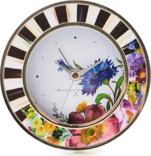 MACKENZIE-CHILDS Silver-Plated Round Desk Clock, Decorative Clock for Living Room, Kitchen, or Office, Courtly Stripe with Flower Market