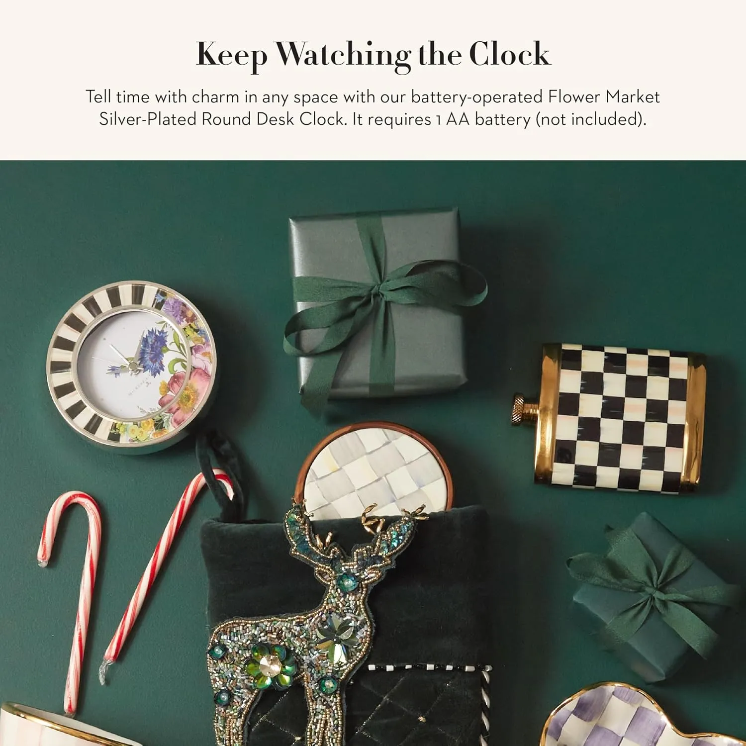 MACKENZIE-CHILDS Silver-Plated Round Desk Clock, Decorative Clock for Living Room, Kitchen, or Office, Courtly Stripe with Flower Market