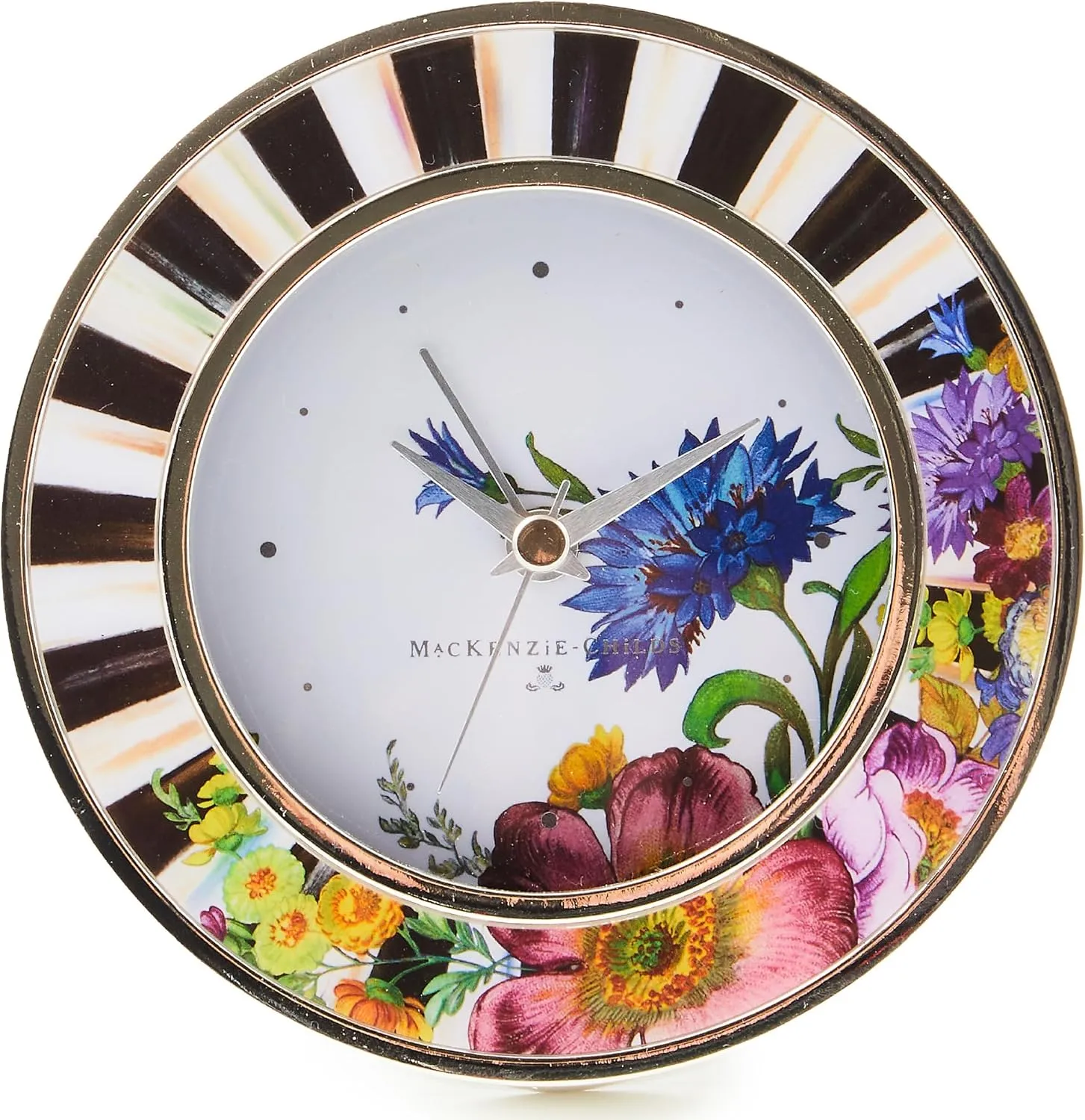 MACKENZIE-CHILDS Silver-Plated Round Desk Clock, Decorative Clock for Living Room, Kitchen, or Office, Courtly Stripe with Flower Market