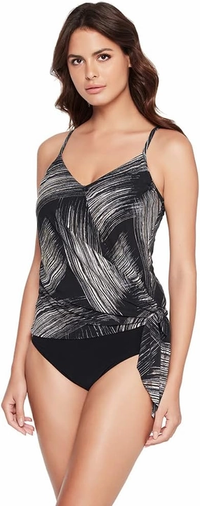 MagicSuit Women's Stroke of Luck Alex Underwire Bra Adjustable Tankini Bathing Suit Top Separate, Black/Gold, 12