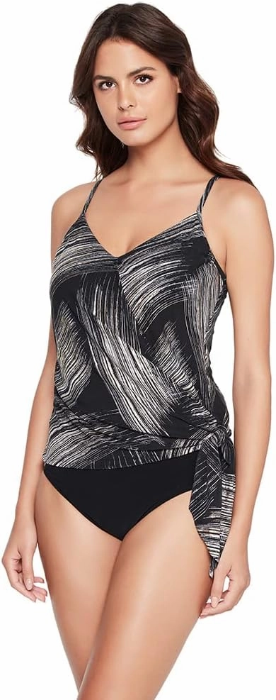 MagicSuit Women's Stroke of Luck Alex Underwire Bra Adjustable Tankini Bathing Suit Top Separate, Black/Gold, 12