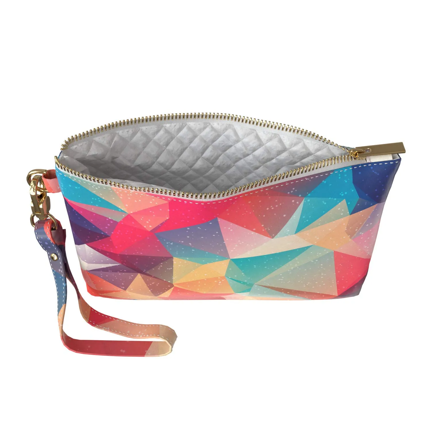 Makeup Bag 9.5 x 6 inch Strap Accessories Storage Abstract Triangles Unique Purse Pouch Print PU Leather Toiletry Zipper Travel Case Luxury Cosmetic Geometric Pink Portable Organizer Design