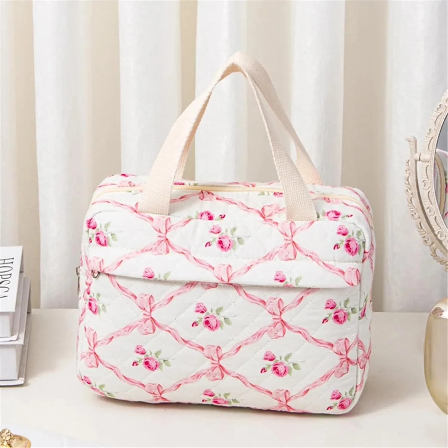 makeup bag Cotton Quilted Cosmetic Handbag Floral Makeup Bag Travel Zipper Toiletry Bag Large Capacity Toiletry Handbag for Women Organizer(Pink Bowtie)