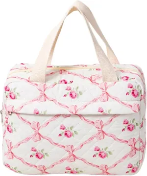 makeup bag Cotton Quilted Cosmetic Handbag Floral Makeup Bag Travel Zipper Toiletry Bag Large Capacity Toiletry Handbag for Women Organizer(Pink Bowtie)